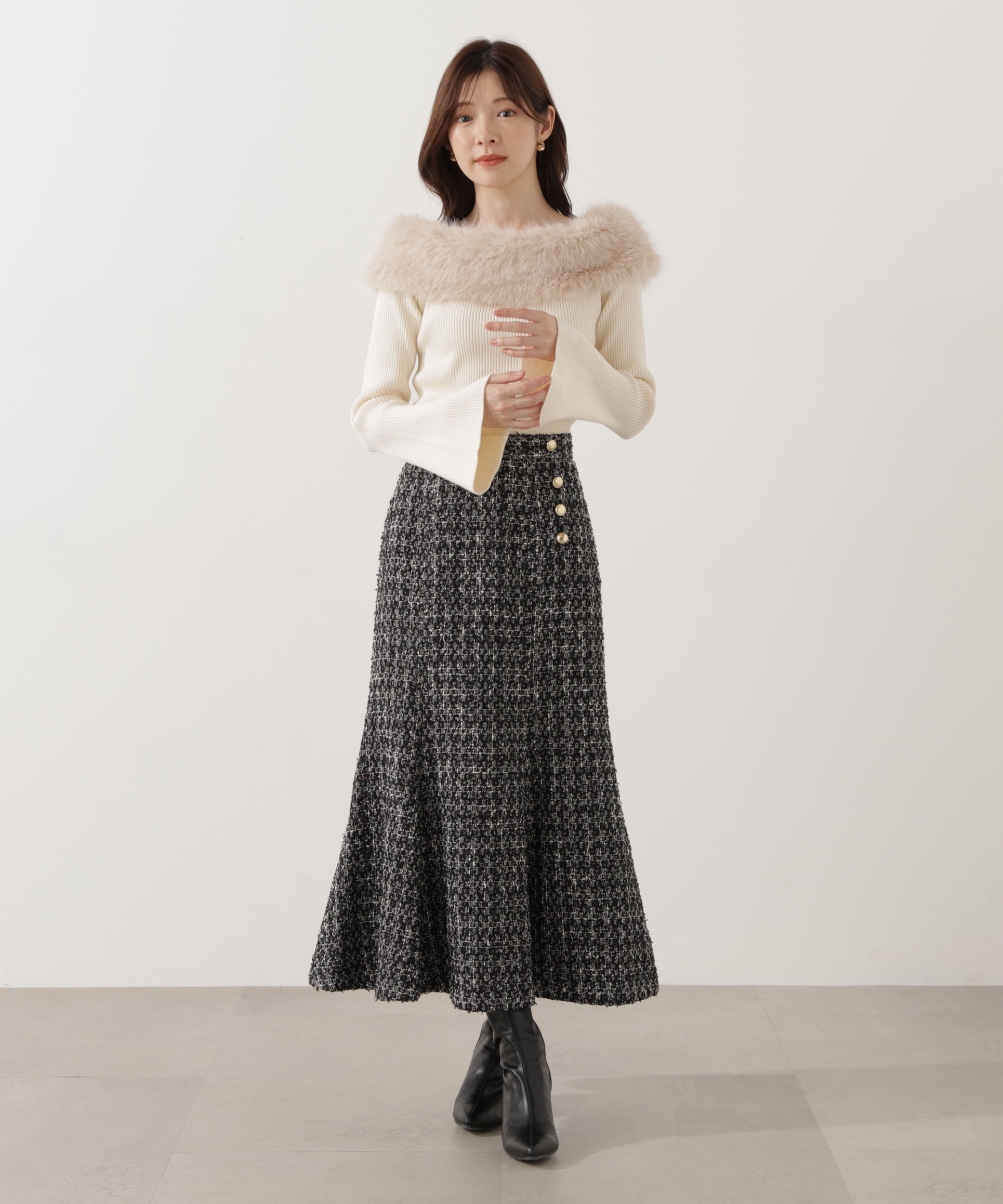 PROPORTION BODY DRESSING「フェイクファー付きオフショルニット 25AW」|ニット・セーター|
