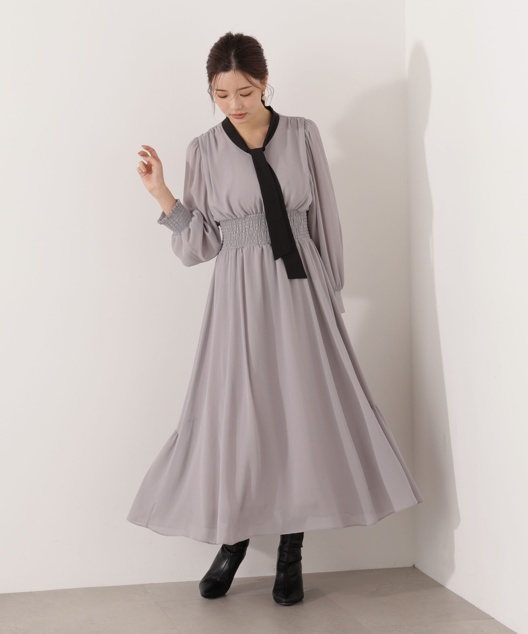 PROPORTION BODY DRESSING「タイ付きウエストシャーリングワンピース」|ワンピース|グレー