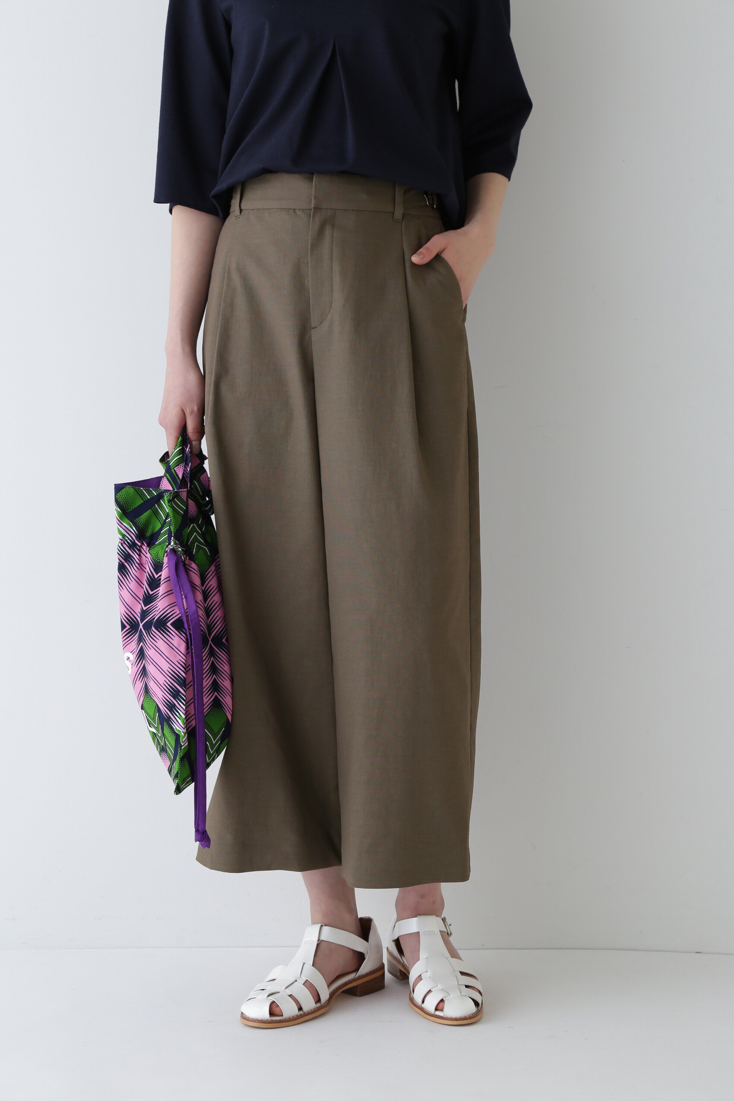  「◆クールマックス綿麻短丈ワイドパンツ」|その他|カーキ