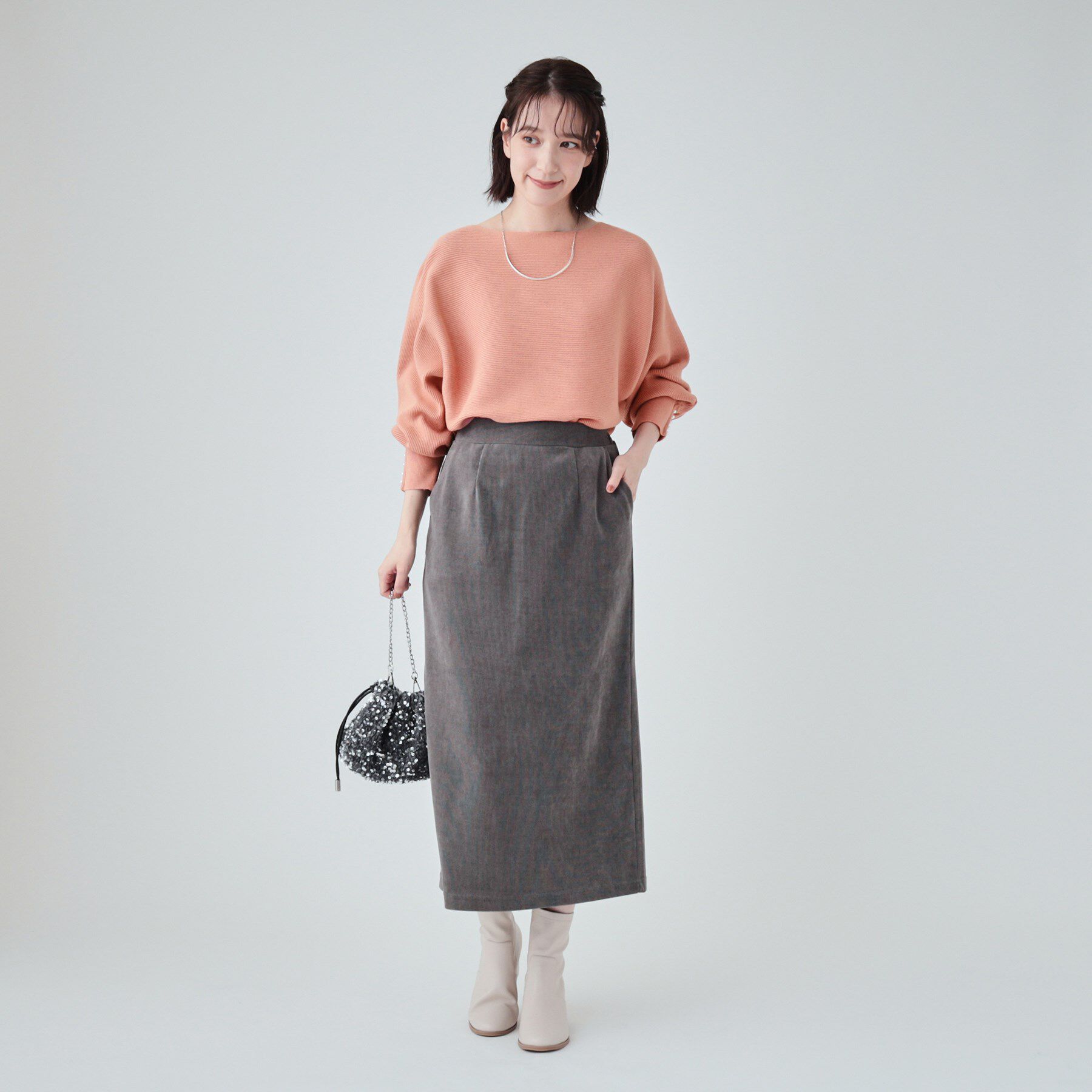 SHOO･LA･RUE「【高レビュー/洗える】優しく上品に リブドルマン お袖フェイクパールニット」|ニット・セーター|