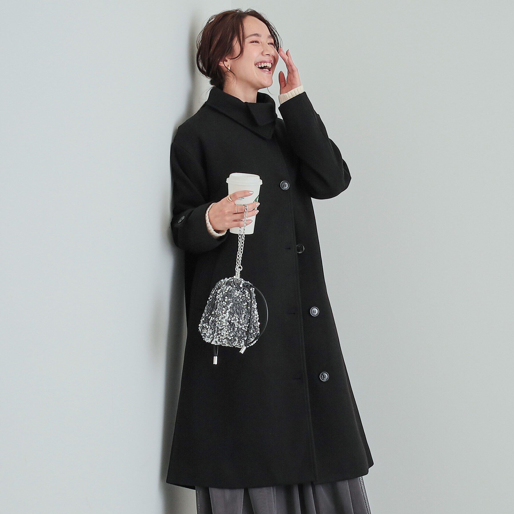 SHOO･LA･RUE「大人のお出かけスタイルに あったかウール調 スタンドカラーコート」|その他|ブラック(019)