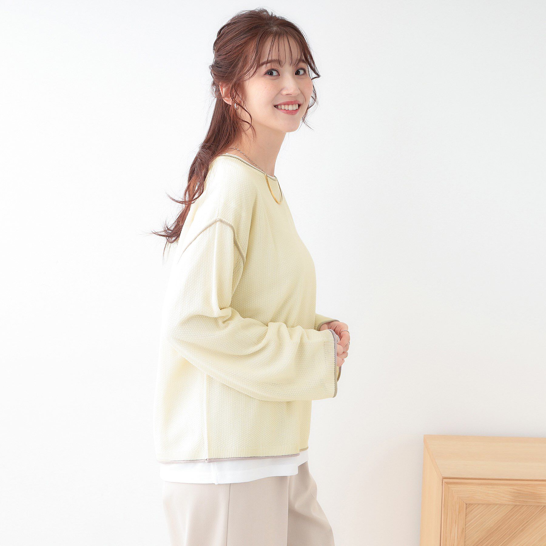 SHOO･LA･RUE「【S-LL/2枚セット】シアー感も楽しめる 光沢カノコ編み配色ニット+ロンT」|ニット・セーター|