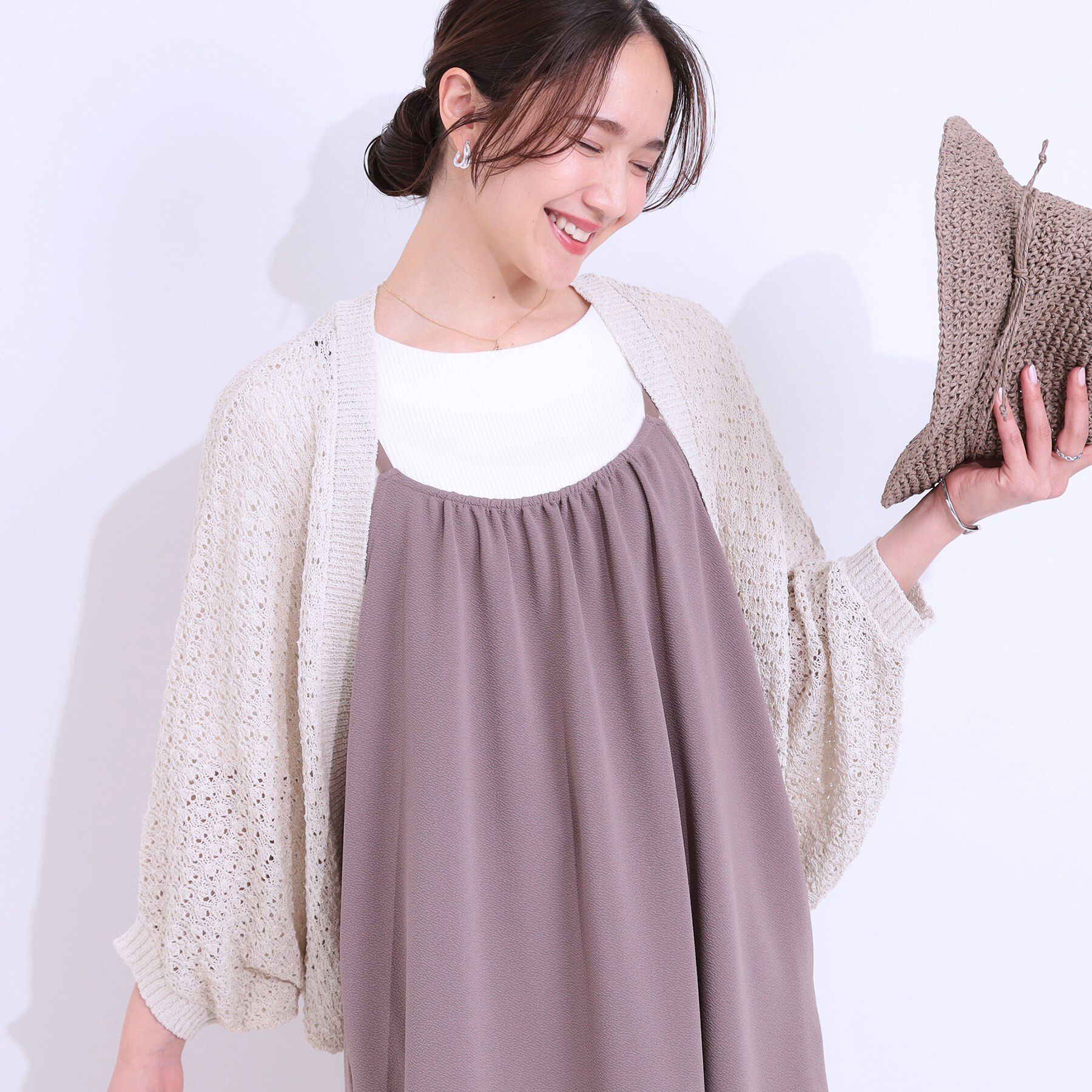 SHOO･LA･RUE「リネンライク 透かし編みボレロカーディガン」|カーディガン|グレージュ(050)