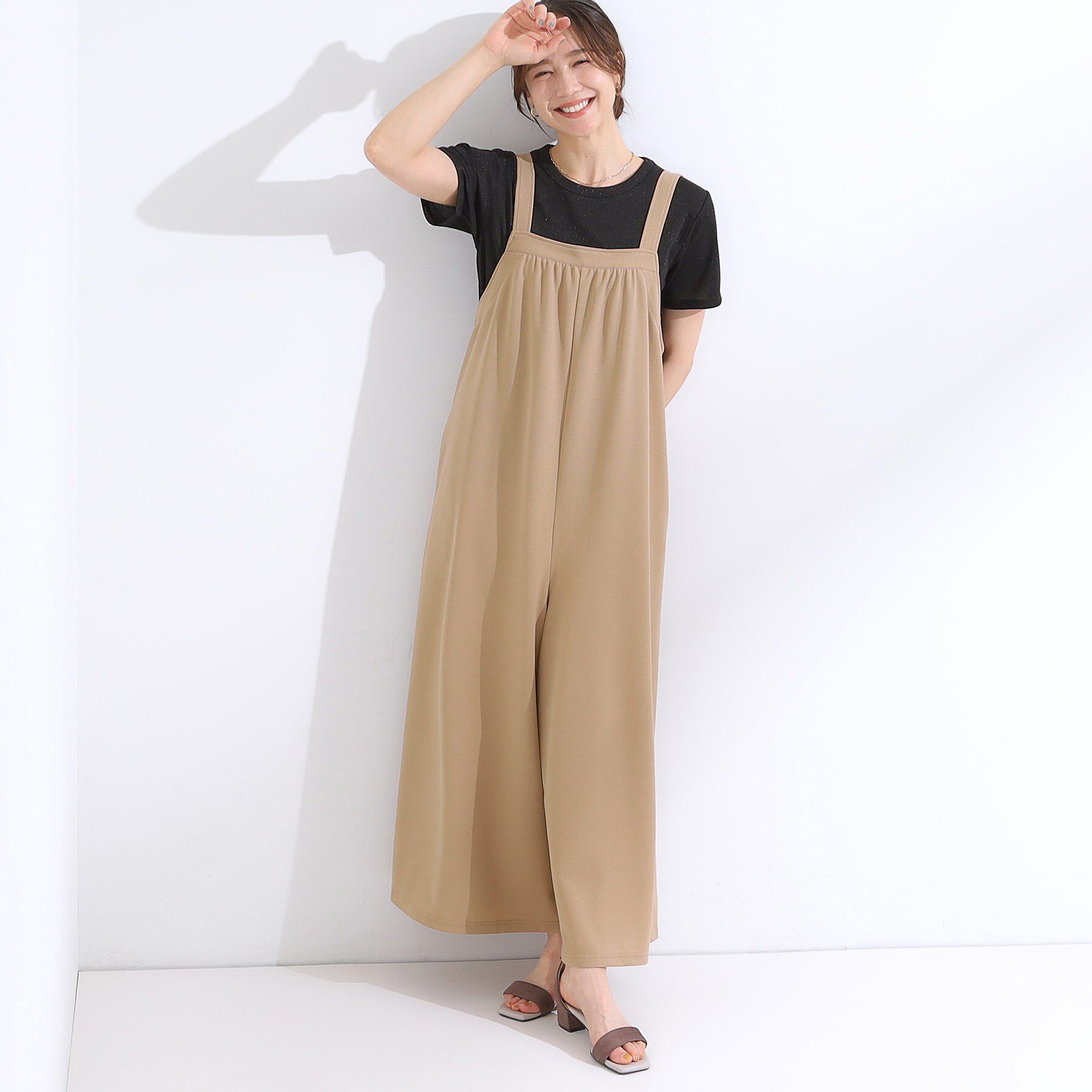 SHOO･LA･RUE「【洗える/S-LL】裏がサラサラ やわらか ギャザーサロペット」|オールインワン|モカブラウン(042