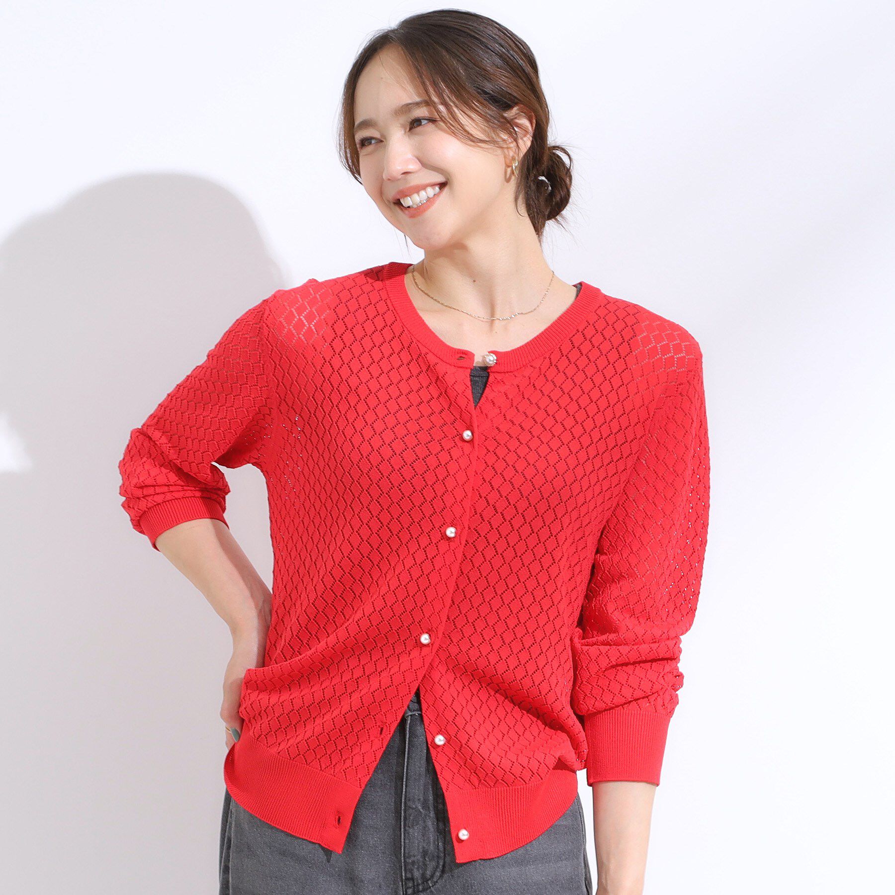 SHOO･LA･RUE「【S-LL】透かし編みが大人上品 マルチボタンニットカーディガン」|カーディガン|