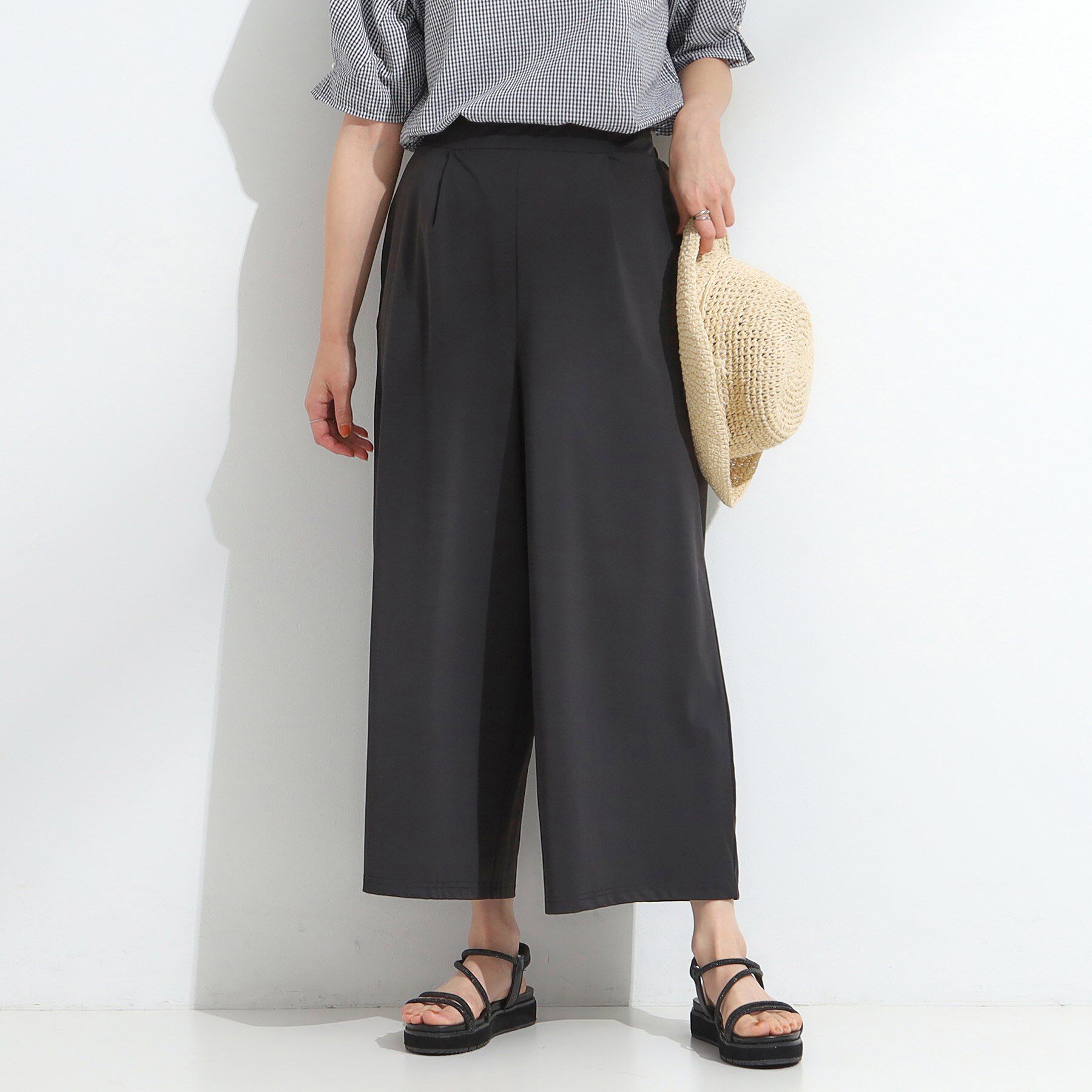 SHOO･LA･RUE「【S-LL/ひんやり】さらさらストレッチ ガウチョパンツ」|その他|ブラック(019)