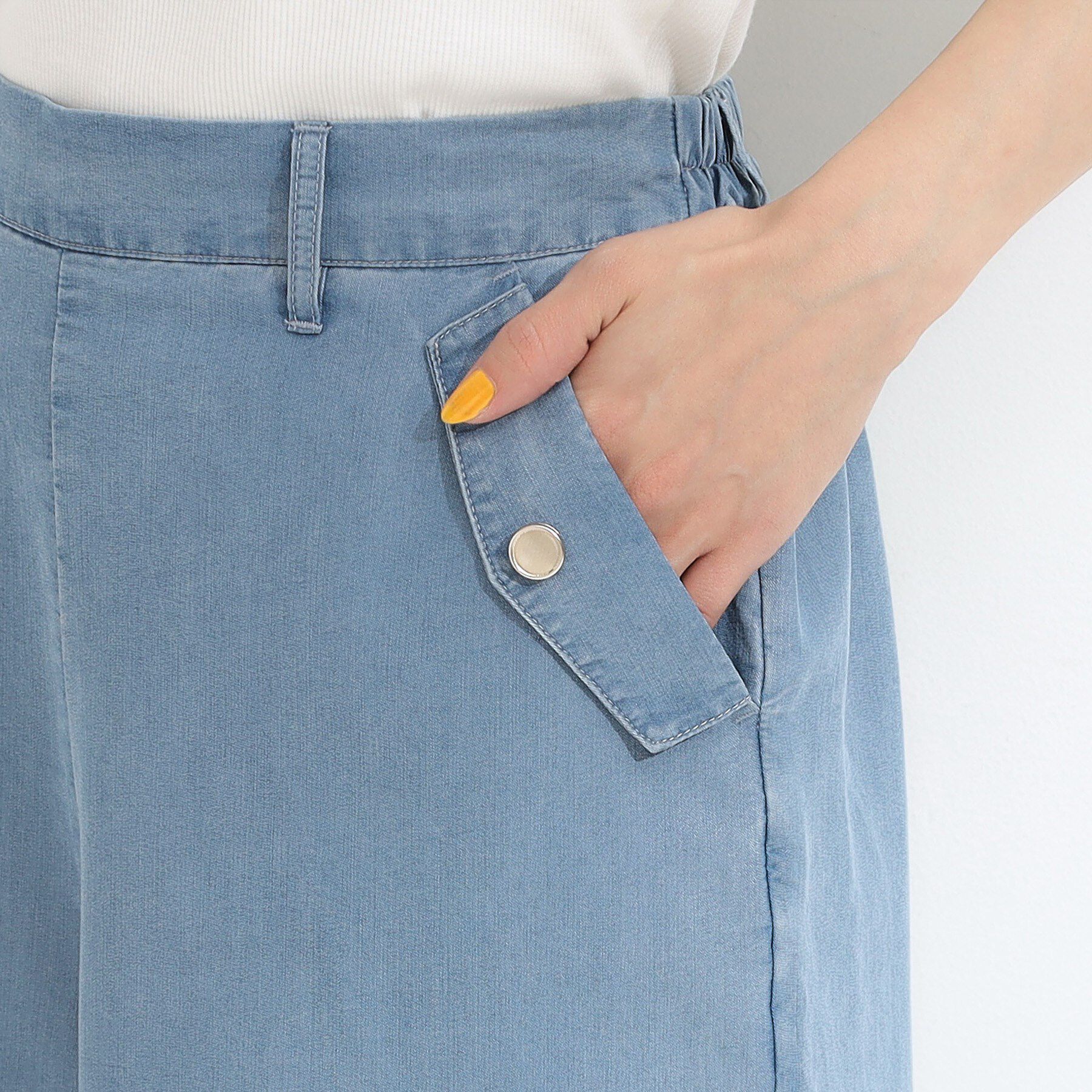 SHOO･LA･RUE「【洗える/S-LL/ひんやり】金ボタンがアクセント　大人のデニムガウチョパンツ」|デニム|