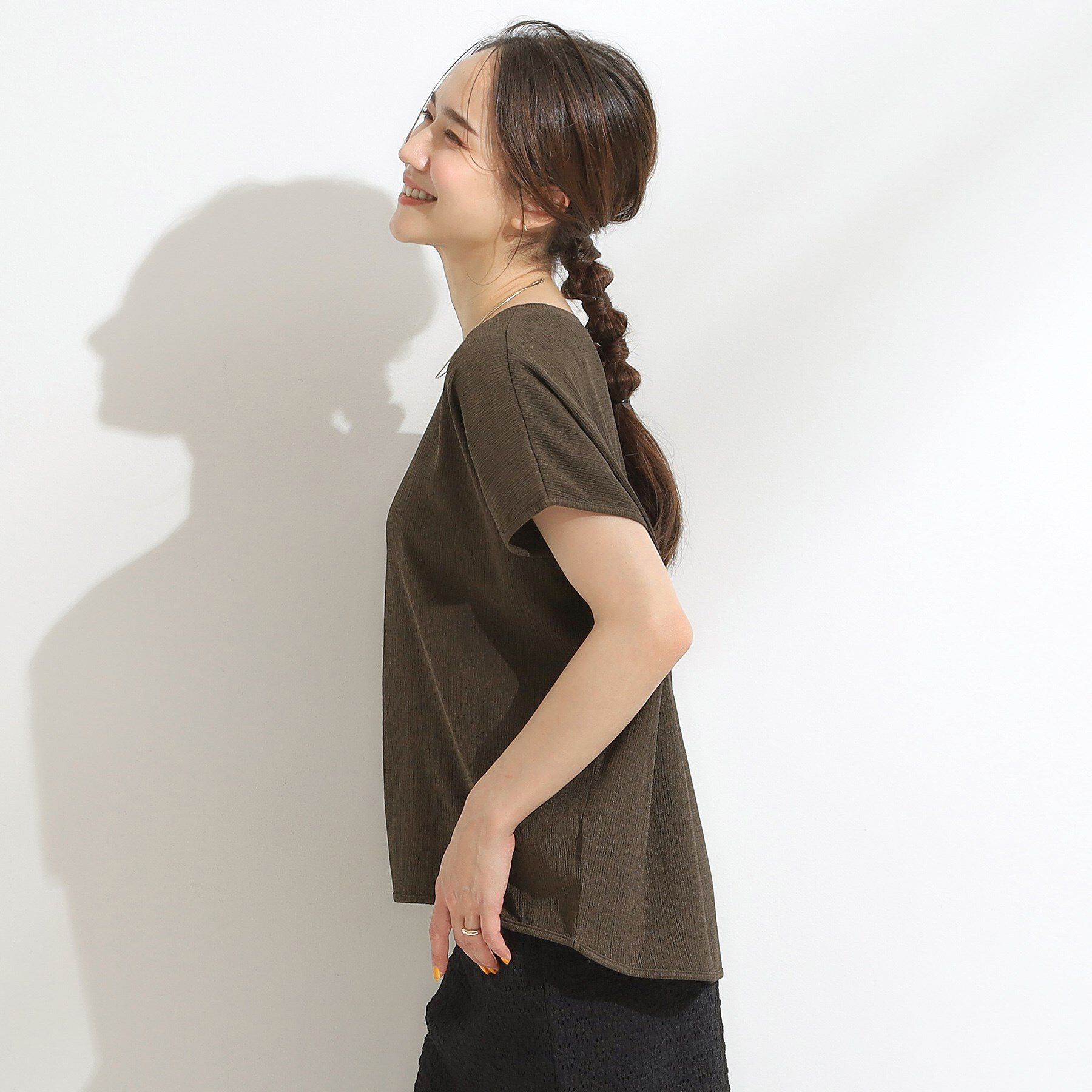 SHOO･LA･RUE「【S-LL】ブラウス見えする 軽やかな着心地の しぼしぼトップス」|Tシャツ・カットソー|