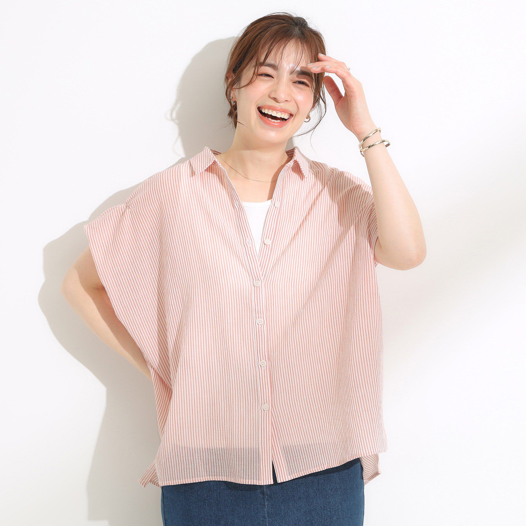 SHOO･LA･RUE「【S-LL】さらシャリコットン 上品なシアー感のフロントボタンシャツ」|シャツ・ブラウス|