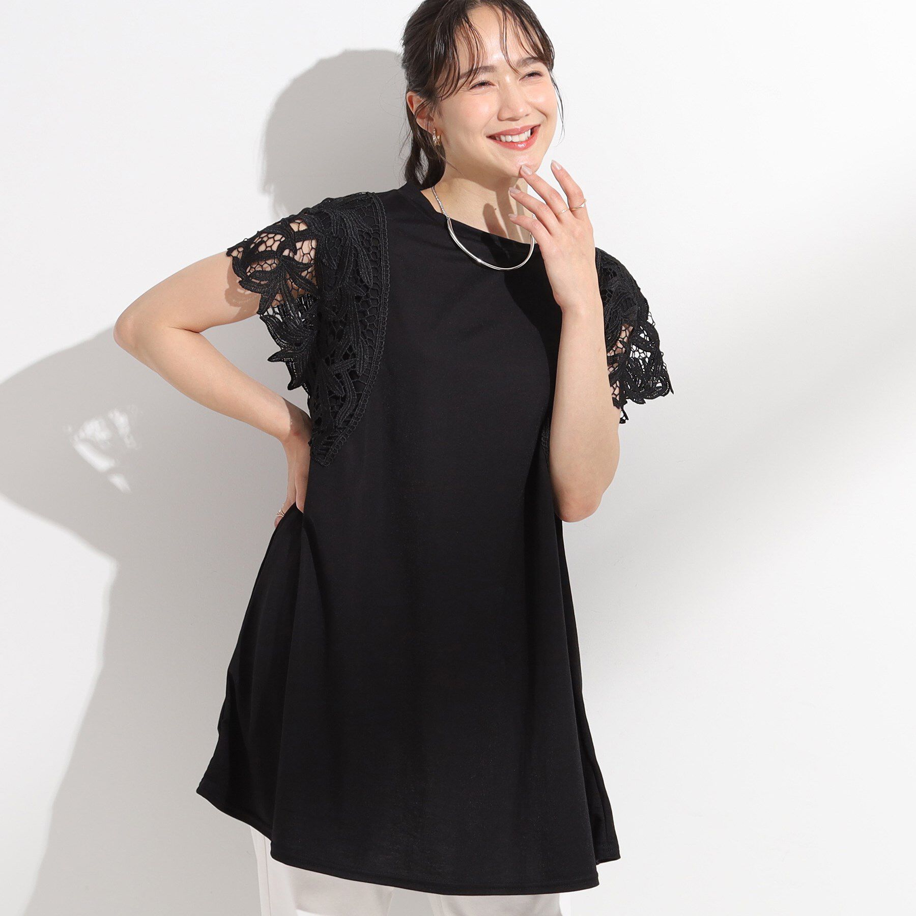 SHOO･LA･RUE「【S-LL】上品華やか お袖レースチュニックトップス」|チュニック|ブラック(019)
