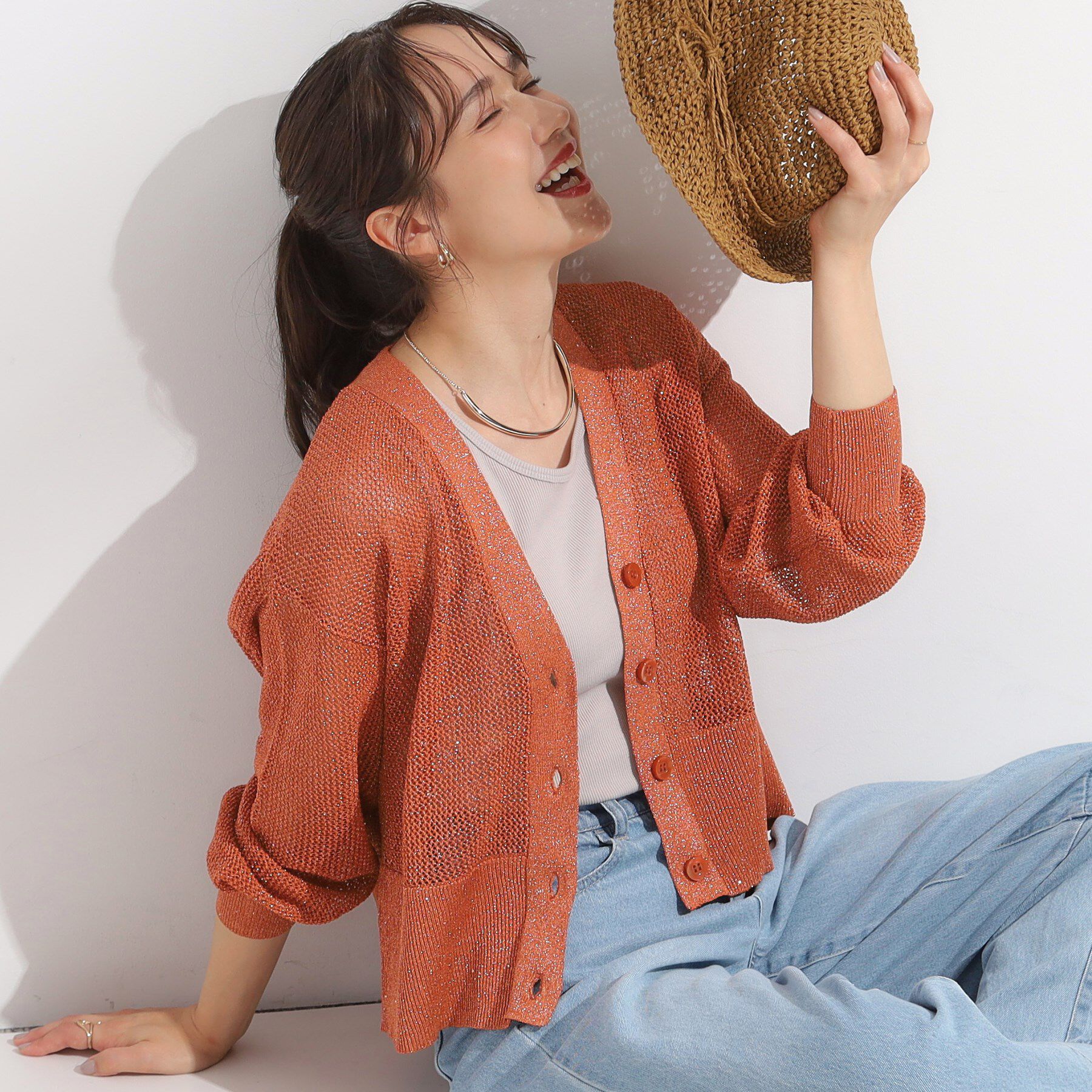 SHOO･LA･RUE「キラッと光るラメとスパンコールが印象的 メッシュカーディガン」|カーディガン|オレンジ(067)