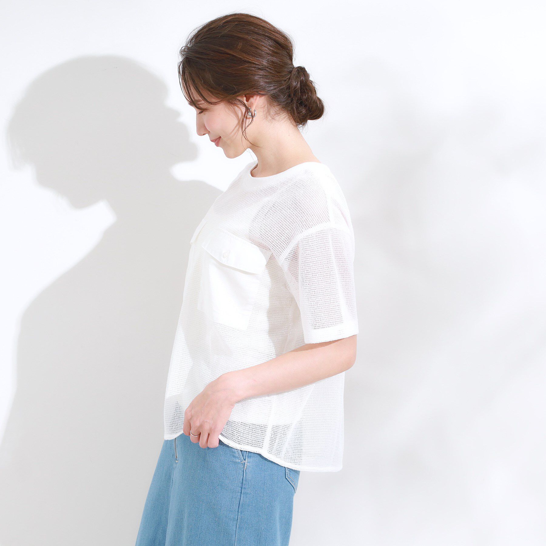SHOO･LA･RUE「【S-LL】メッシュ素材で大人ヘルシー ポケット付きデザイントップス」|Tシャツ・カットソー|