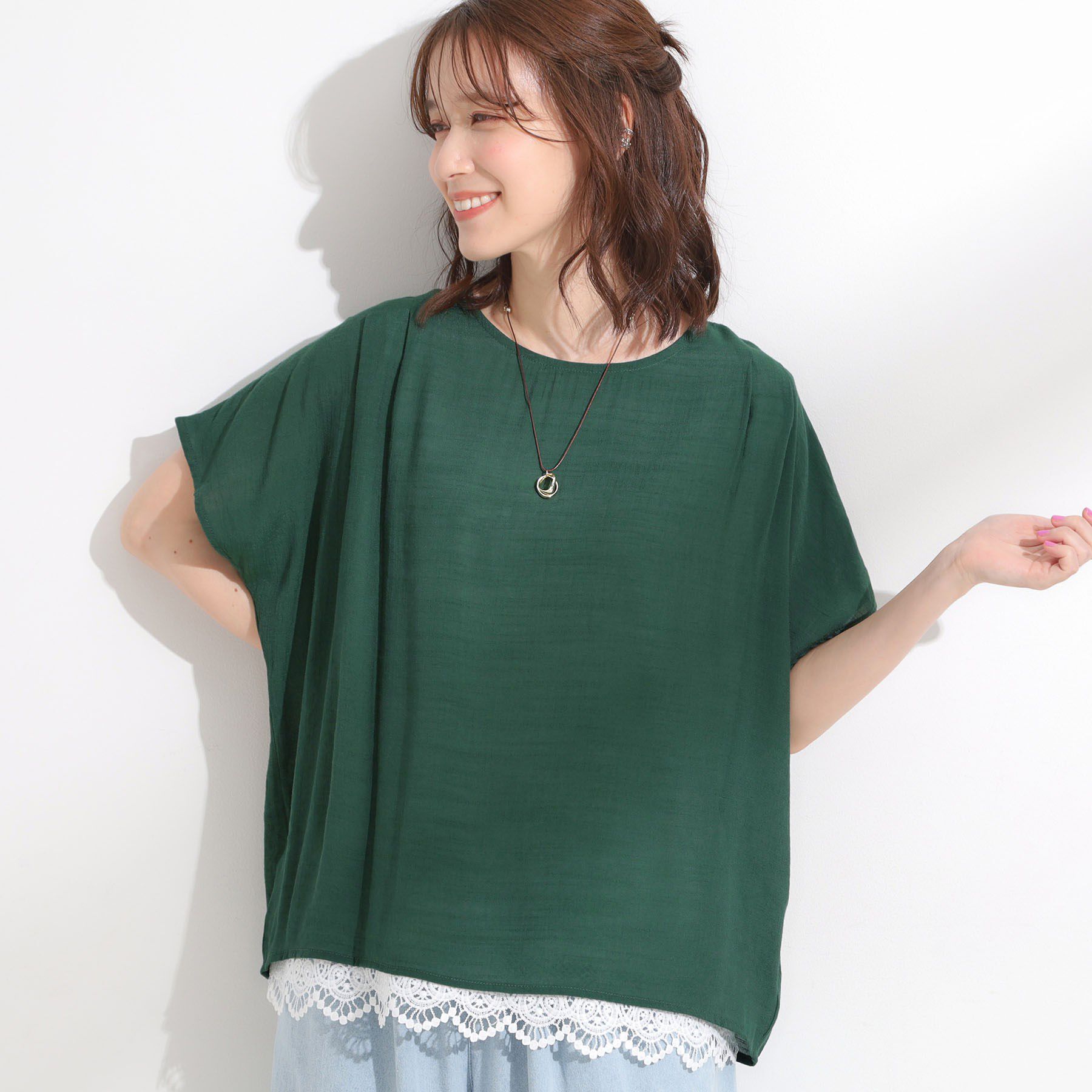 SHOO･LA･RUE「【S-LL】１枚でコーデが決まる スラブドッキングトップス」|Tシャツ・カットソー|グリーン(022)