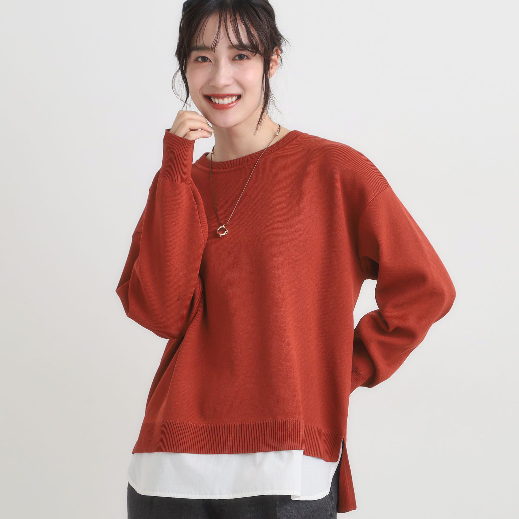 SHOO･LA･RUE「【S-LL/洗える】一枚で簡単こなれ見え スポンディッシュ 裾レイヤード風ニット【CIRCRIC】」|ニット・セーター|オレンジ(069)