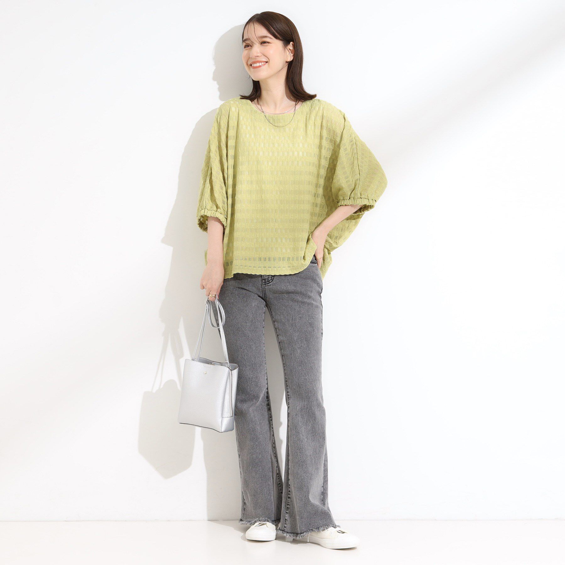 SHOO･LA･RUE「【S-LL】涼やかで好印象 シアーチェック ドルマントップス」|Tシャツ・カットソー|