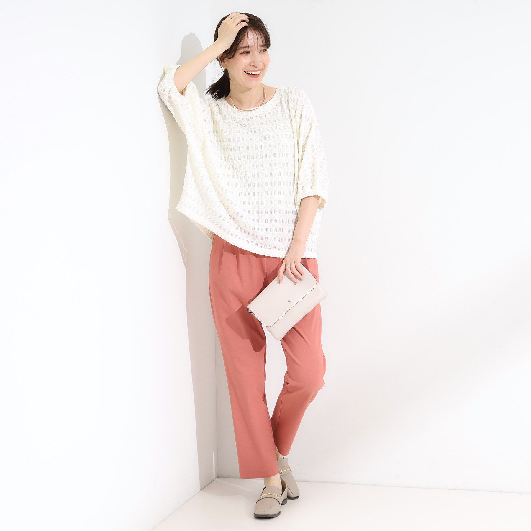 SHOO･LA･RUE「【S-LL】涼やかで好印象 シアーチェック ドルマントップス」|Tシャツ・カットソー|