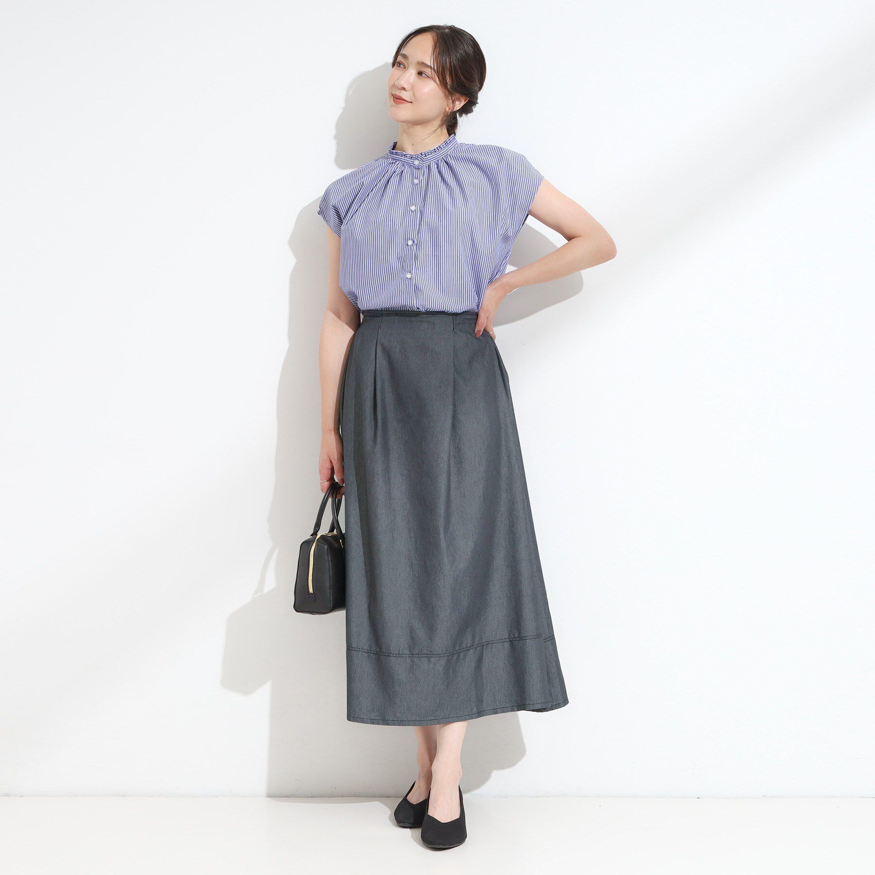 SHOO･LA･RUE「【S-LL】配色ステッチがアクセント デニムフレアスカート」|スカート|