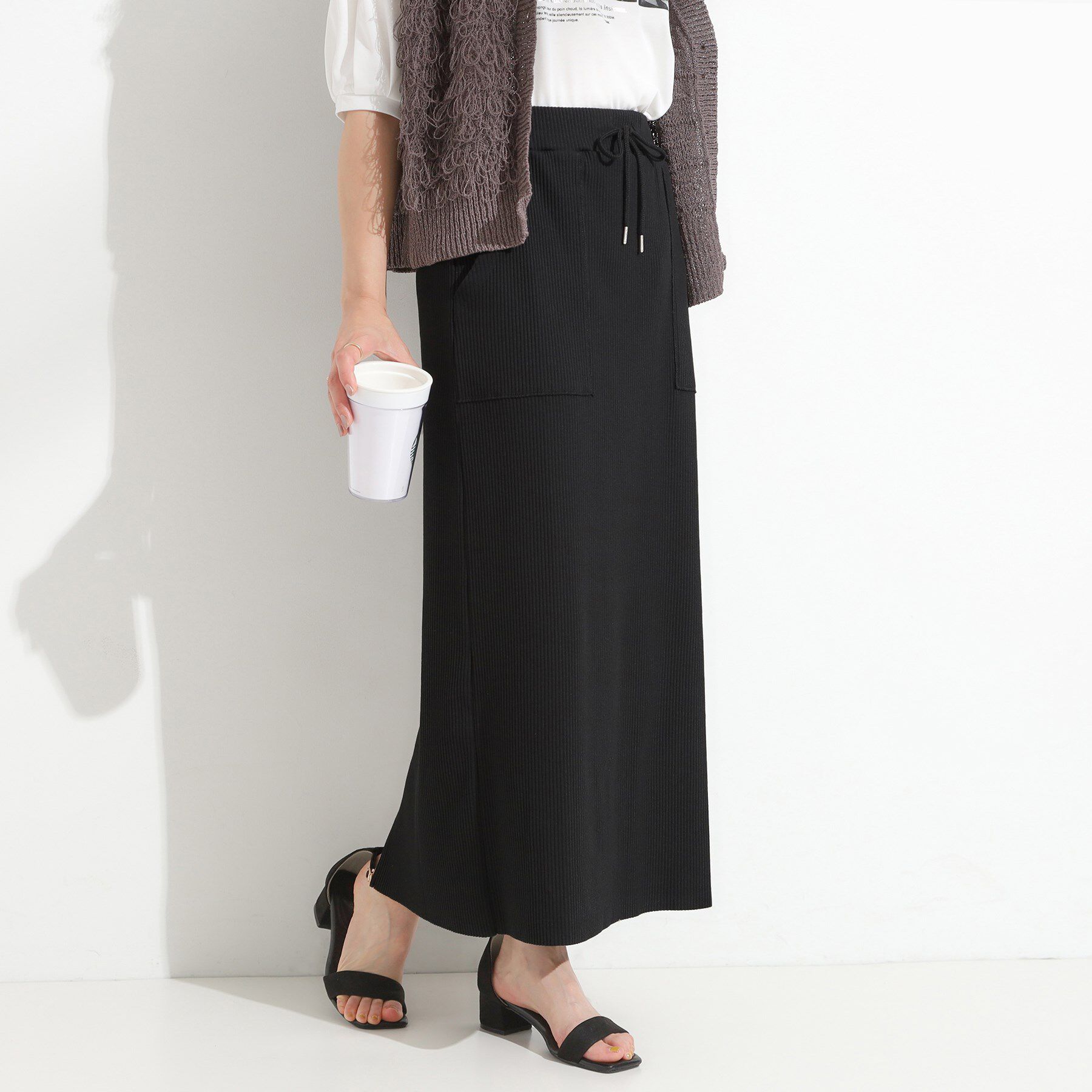 SHOO･LA･RUE「【セルフカット可/吸水速乾/抗菌防臭】着回ししやすい カットリブナロースカート」|スカート|ブラック(019)