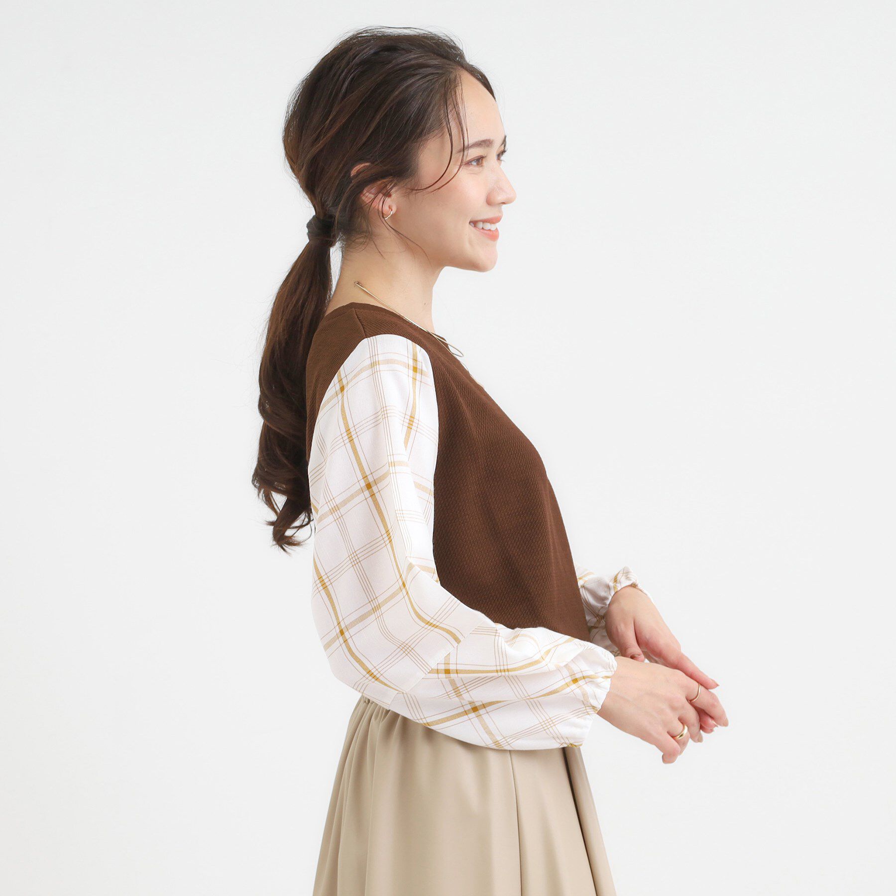 SHOO･LA･RUE「【S-LL】1枚できまる お袖チェック 異素材使いトップス」|シャツ・ブラウス|