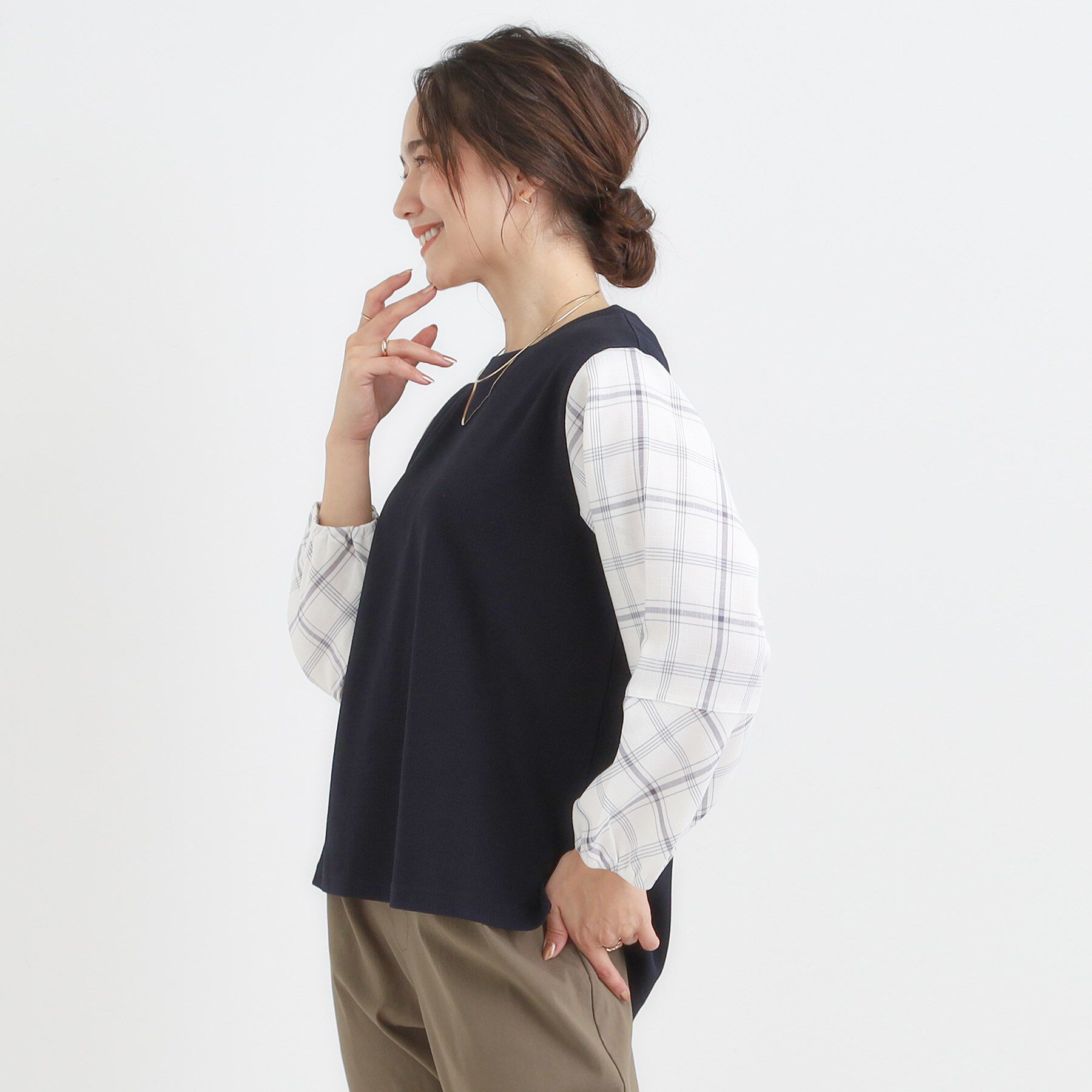 SHOO･LA･RUE「【S-LL】1枚できまる お袖チェック 異素材使いトップス」|シャツ・ブラウス|