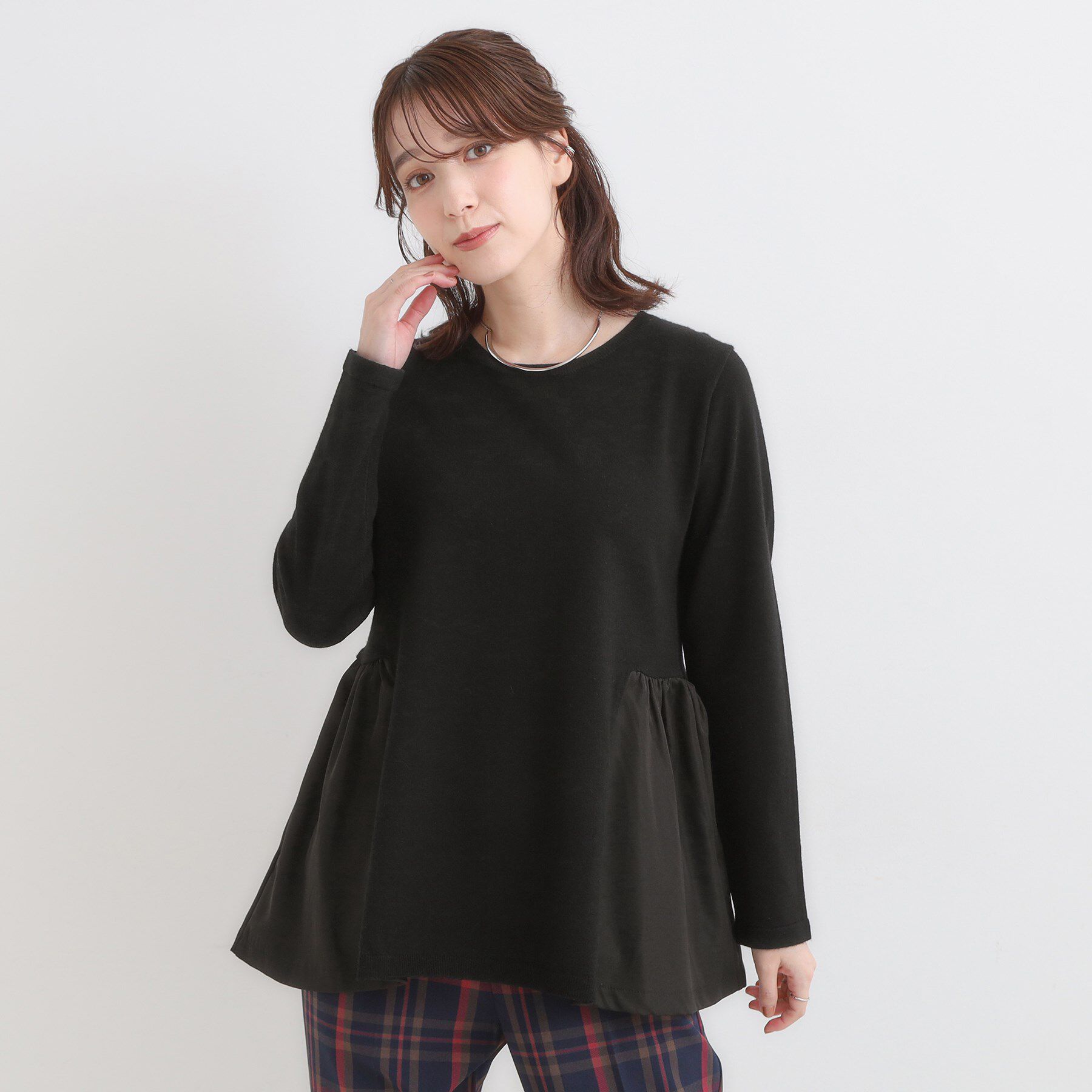 SHOO･LA･RUE「【洗濯機可/S-LL/体型カバー】異素材きりかえ Aラインニット」|ニット・セーター|