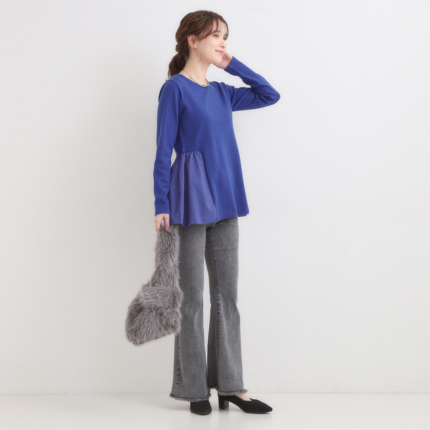 SHOO･LA･RUE「【洗濯機可/S-LL/体型カバー】異素材きりかえ Aラインニット」|ニット・セーター|