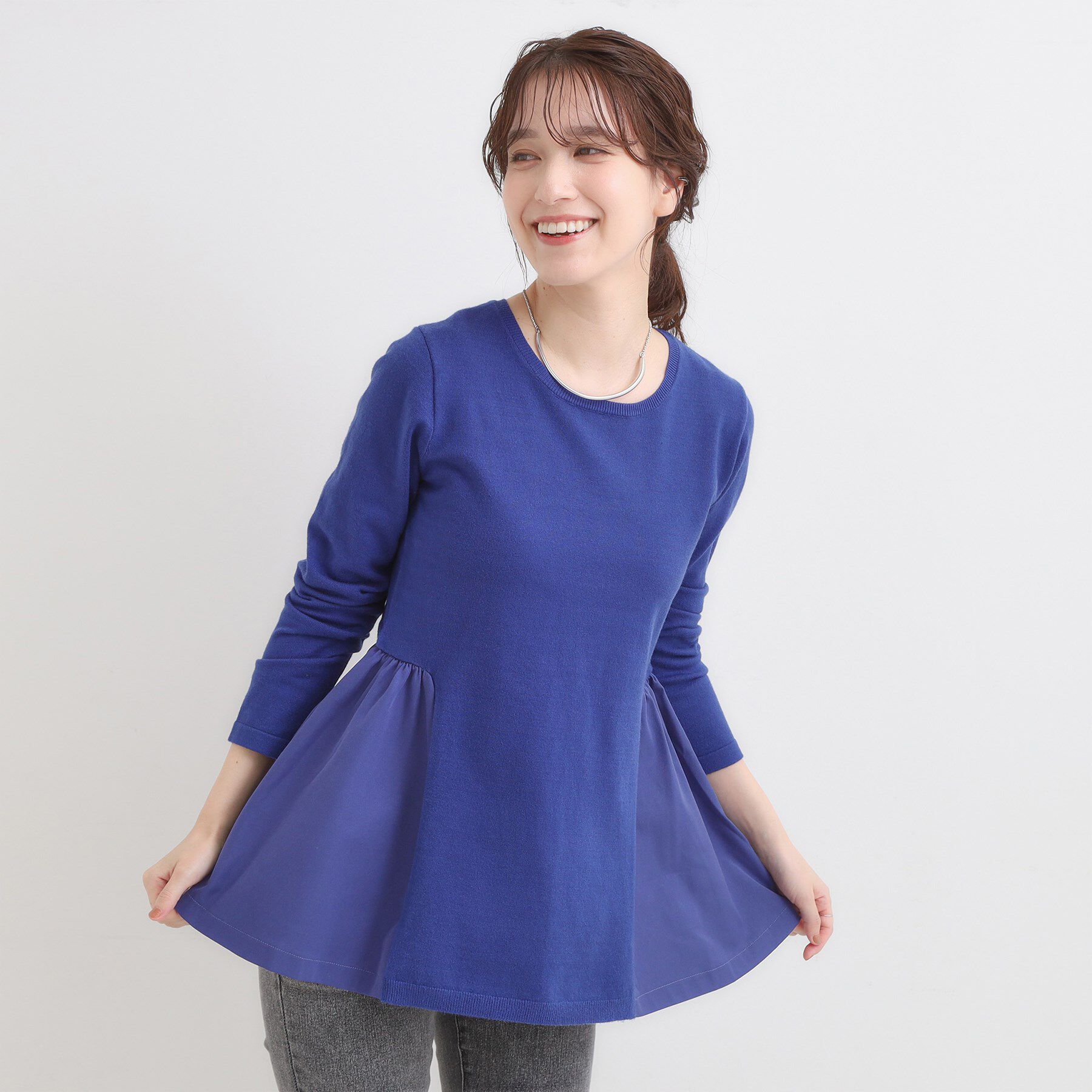 SHOO･LA･RUE「【洗濯機可/S-LL/体型カバー】異素材きりかえ Aラインニット」|ニット・セーター|