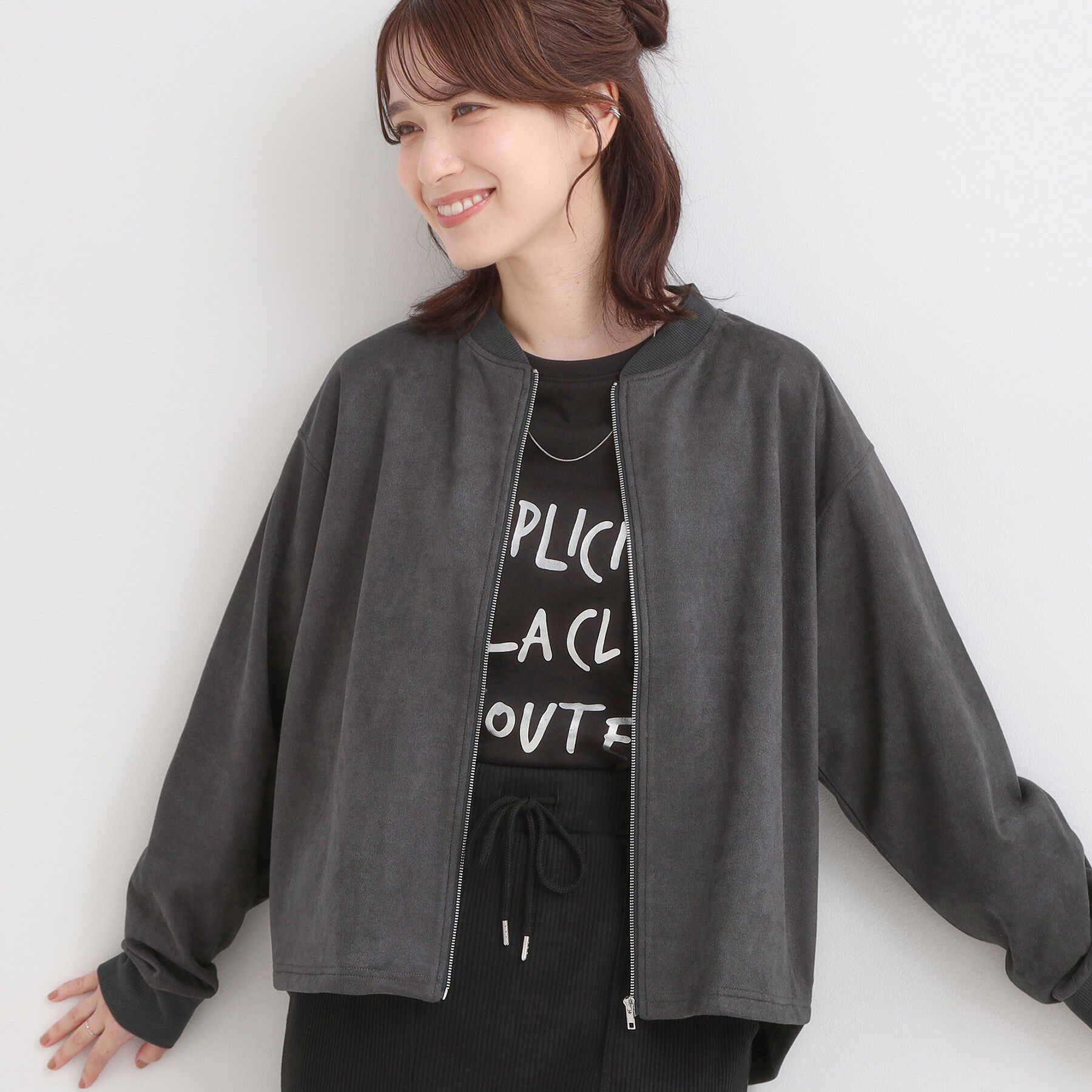 SHOO･LA･RUE「【S-LL】柔らかくて軽い さっと羽織れるフェイクスエードブルゾン【CIRCRIC】」|カーディガン|チャコールグレー(0