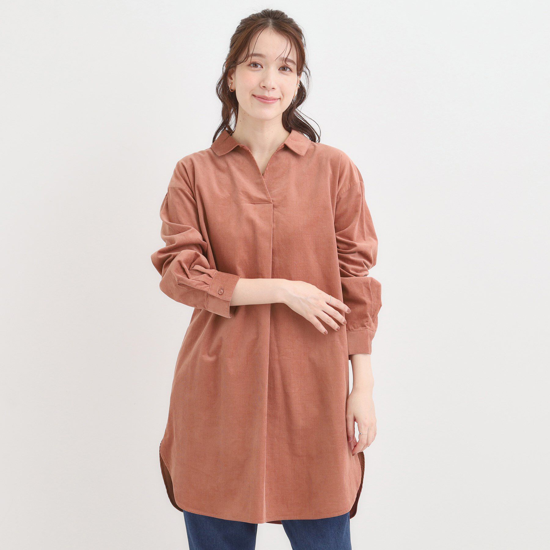 SHOO･LA･RUE「【洗濯機可/S-LL】すっきり見えにこだわった コーデュロイチュニックワンピース」|チュニック|