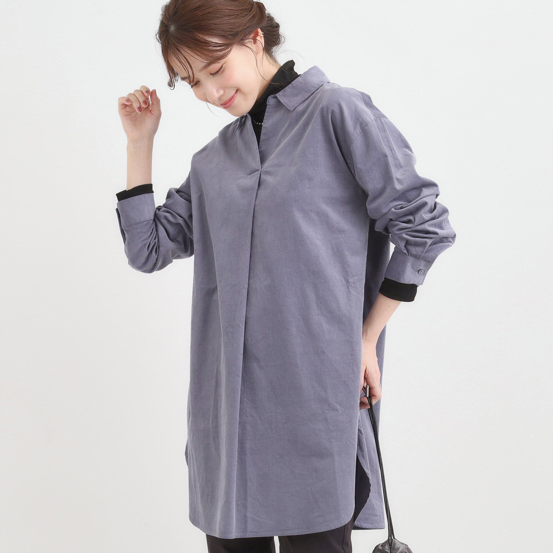 SHOO･LA･RUE「【洗濯機可/S-LL】すっきり見えにこだわった コーデュロイチュニックワンピース」|チュニック|ブルー(091)
