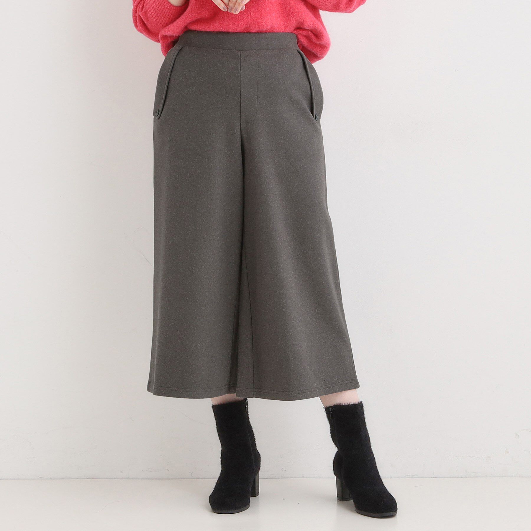 SHOO･LA･RUE「【洗濯機可/S-LL】美脚見え あったか圧縮ニット ガウチョパンツ」|その他|チャコールグレー(0