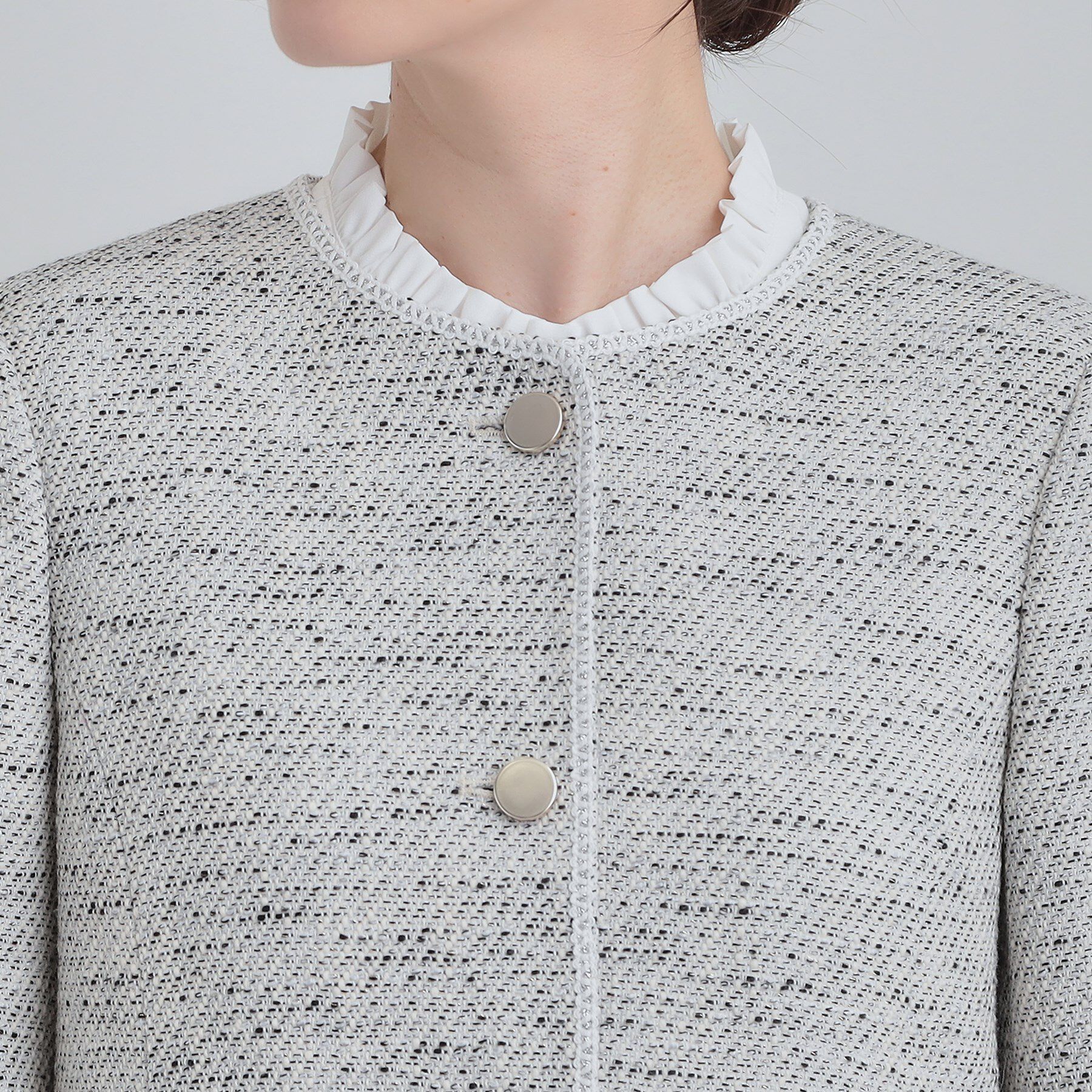 SHOO･LA･RUE「柔らかく軽い ライトツイードジャケット」|ノーカラージャケット|