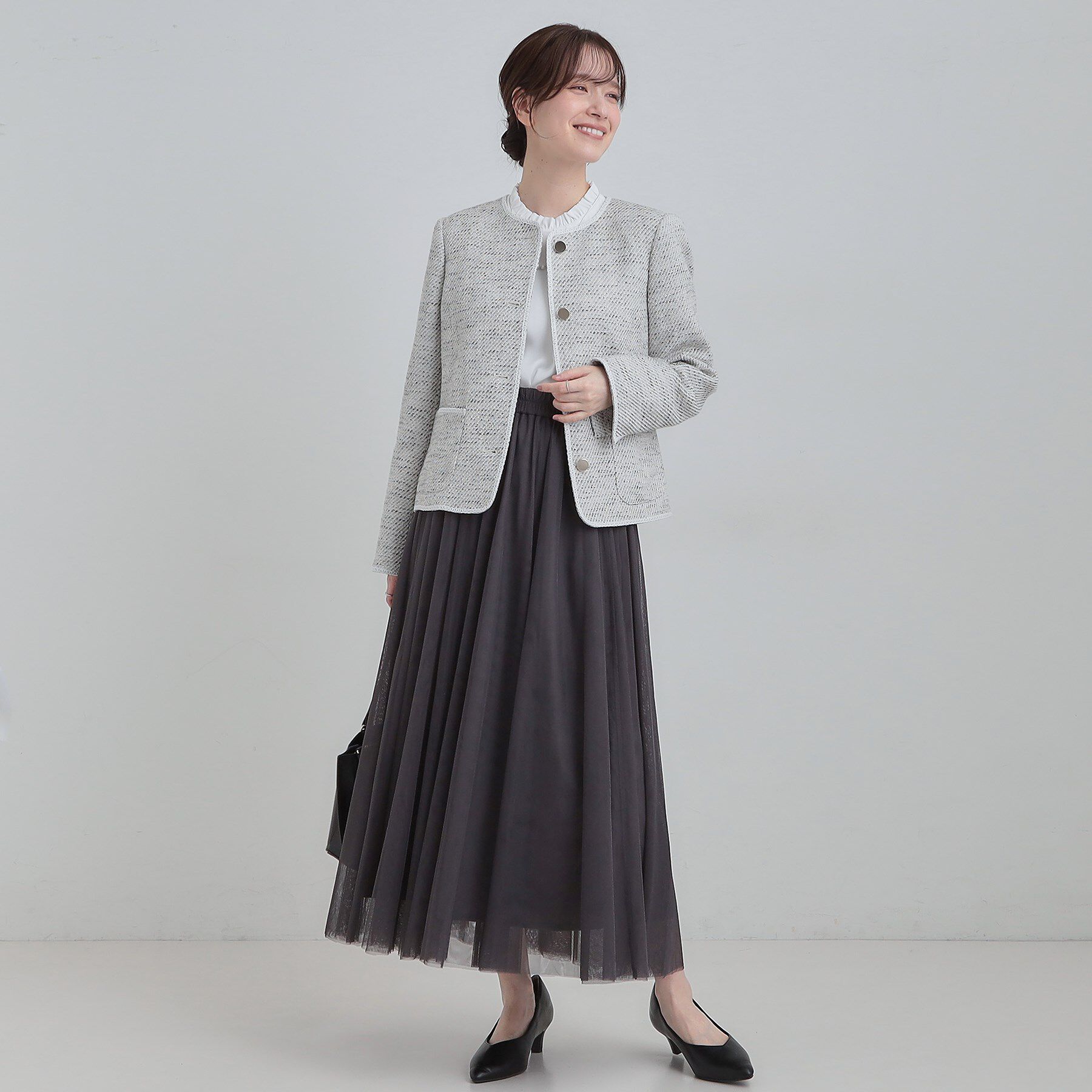 SHOO･LA･RUE「柔らかく軽い ライトツイードジャケット」|ノーカラージャケット|