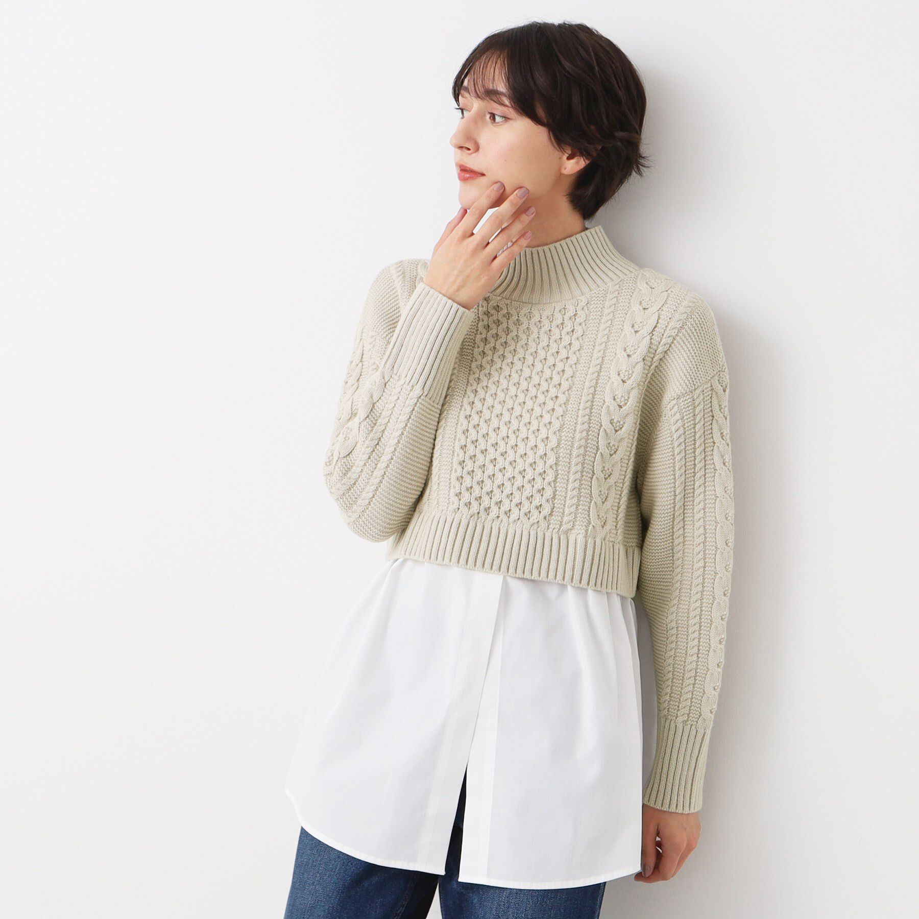 Dessin「【洗える】シャツ付きレイヤードケーブルニット」|ニット・セーター|