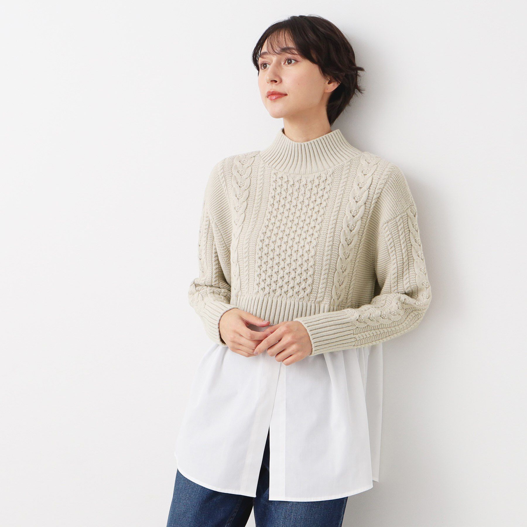 Dessin「【洗える】シャツ付きレイヤードケーブルニット」|ニット・セーター|ライトベージュ(05