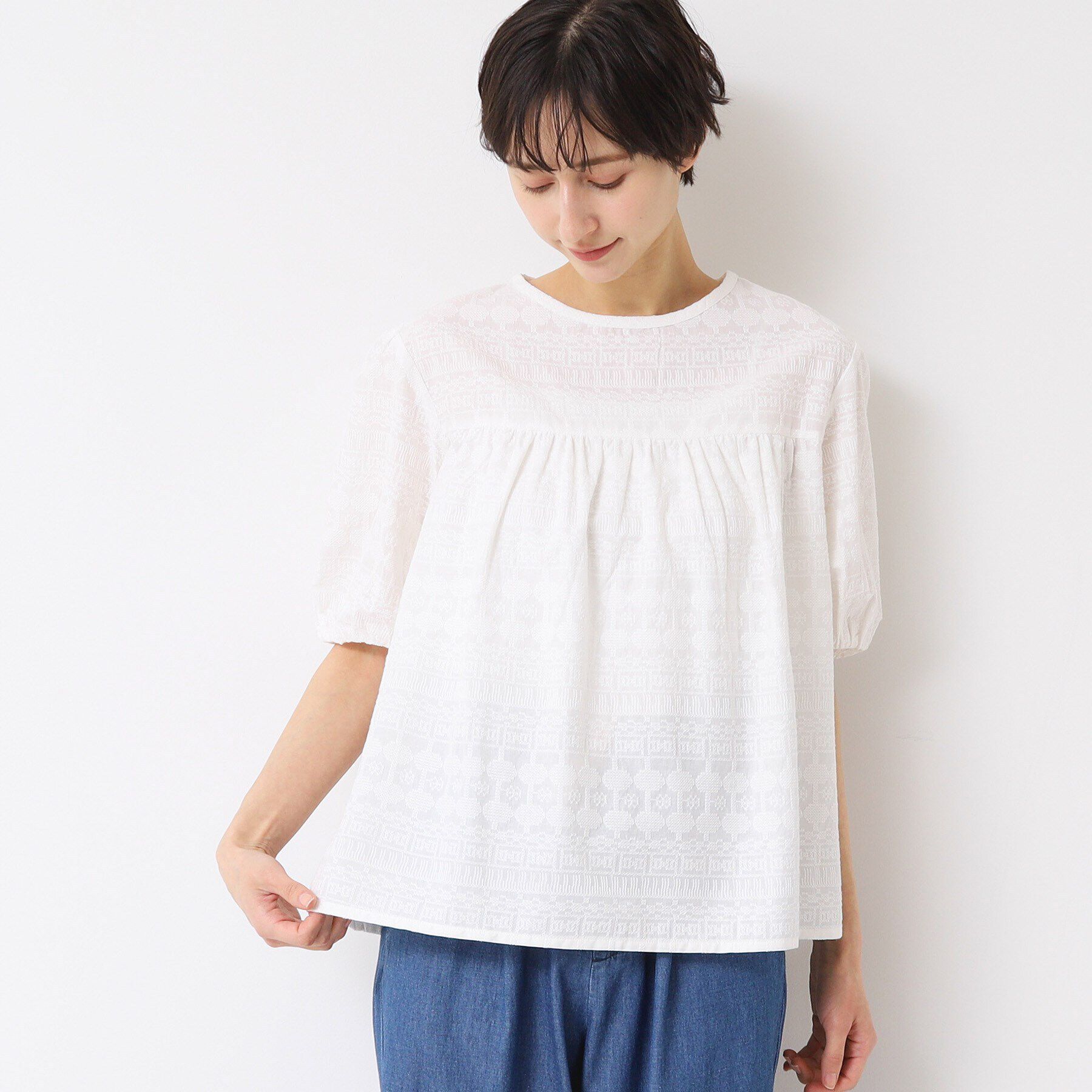 Dessin「【インド刺繍・セットアップ可能・洗える】クルーネックブラウス」|シャツ・ブラウス|ホワイト(002)