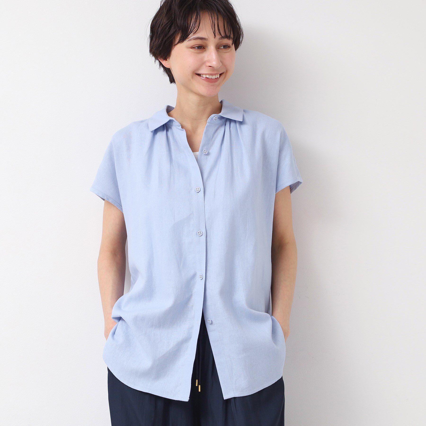 Dessin「【洗える】シャツカラーフレンチスリーブブラウス（XS～L）」|シャツ・ブラウス|ブルー(091)