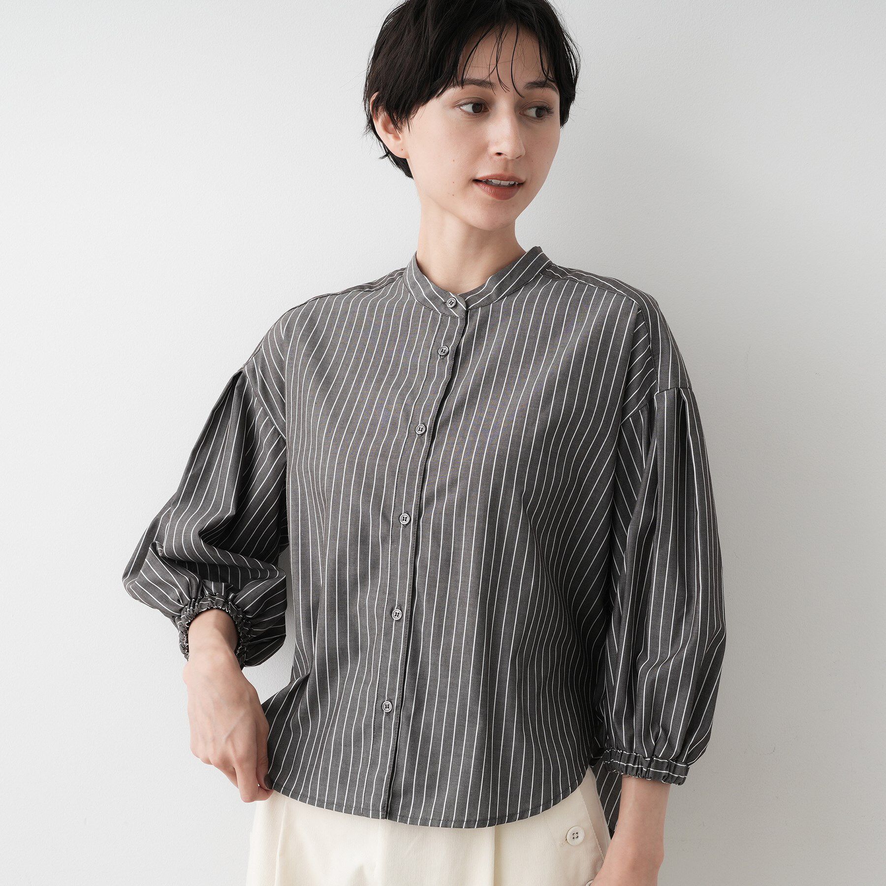 Dessin「【洗える】ストライプギャザー袖ブラウス」|シャツ・ブラウス|