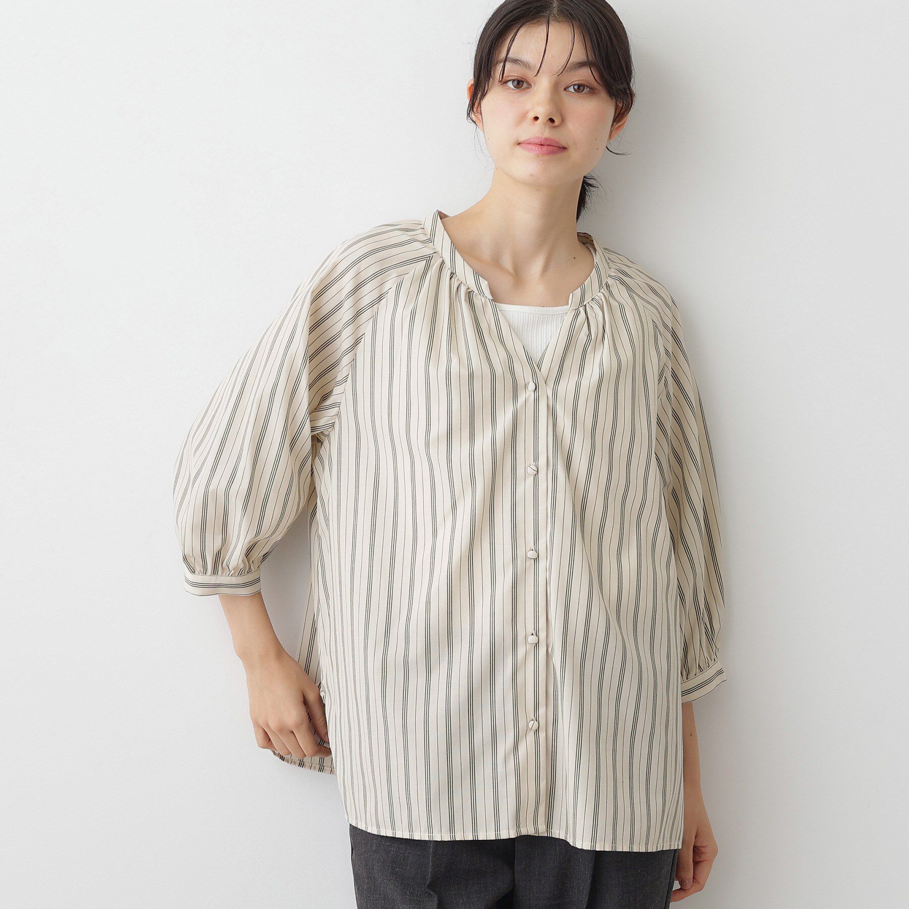 Dessin「【洗える】ストライプカフス袖ブラウス」|シャツ・ブラウス|