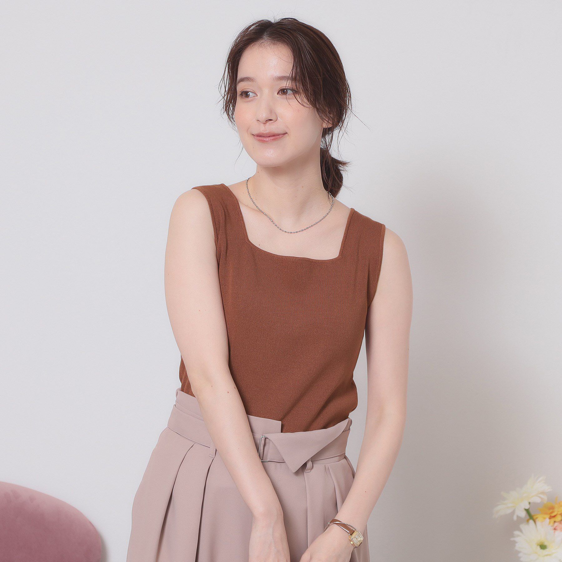 ITS&rsquo;DEMO「【手洗い可】ニットスクエアタンク」|キャミソール|モカブラウン(042