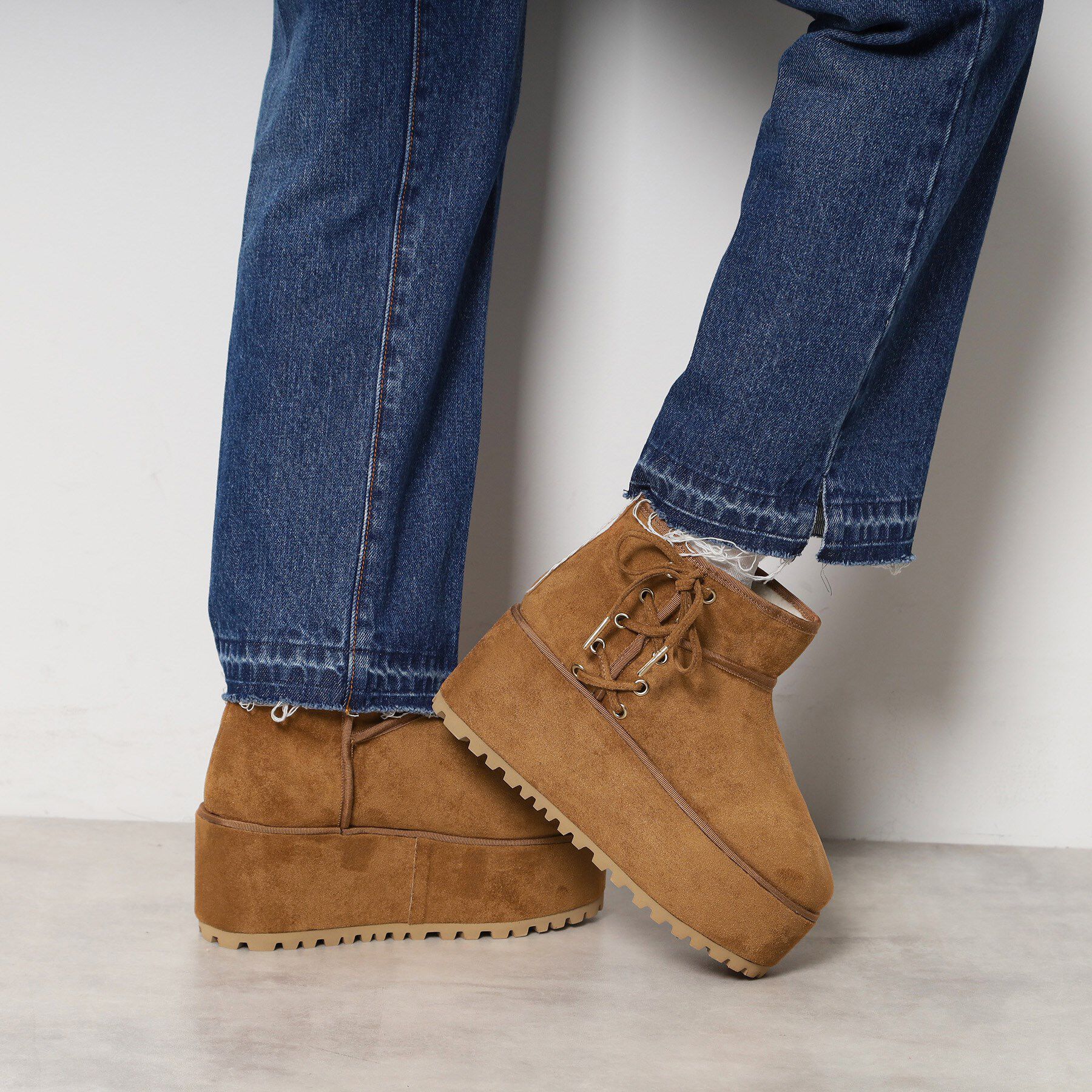 ESPERANZA「【EC先行販売】厚底レースアップリボンフェイクムートンブーツ」|ショートブーツ|