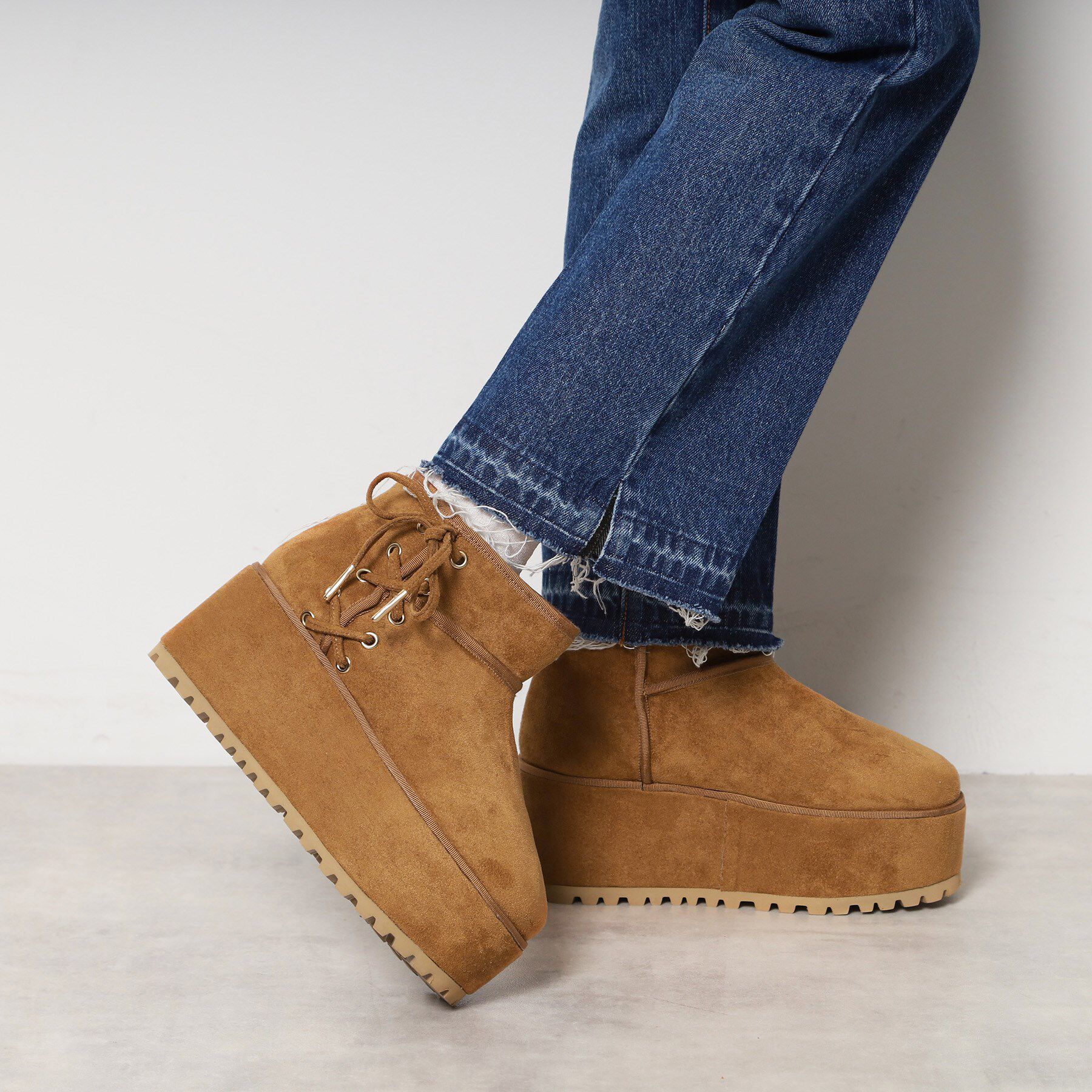 ESPERANZA「【EC先行販売】厚底レースアップリボンフェイクムートンブーツ」|ショートブーツ|