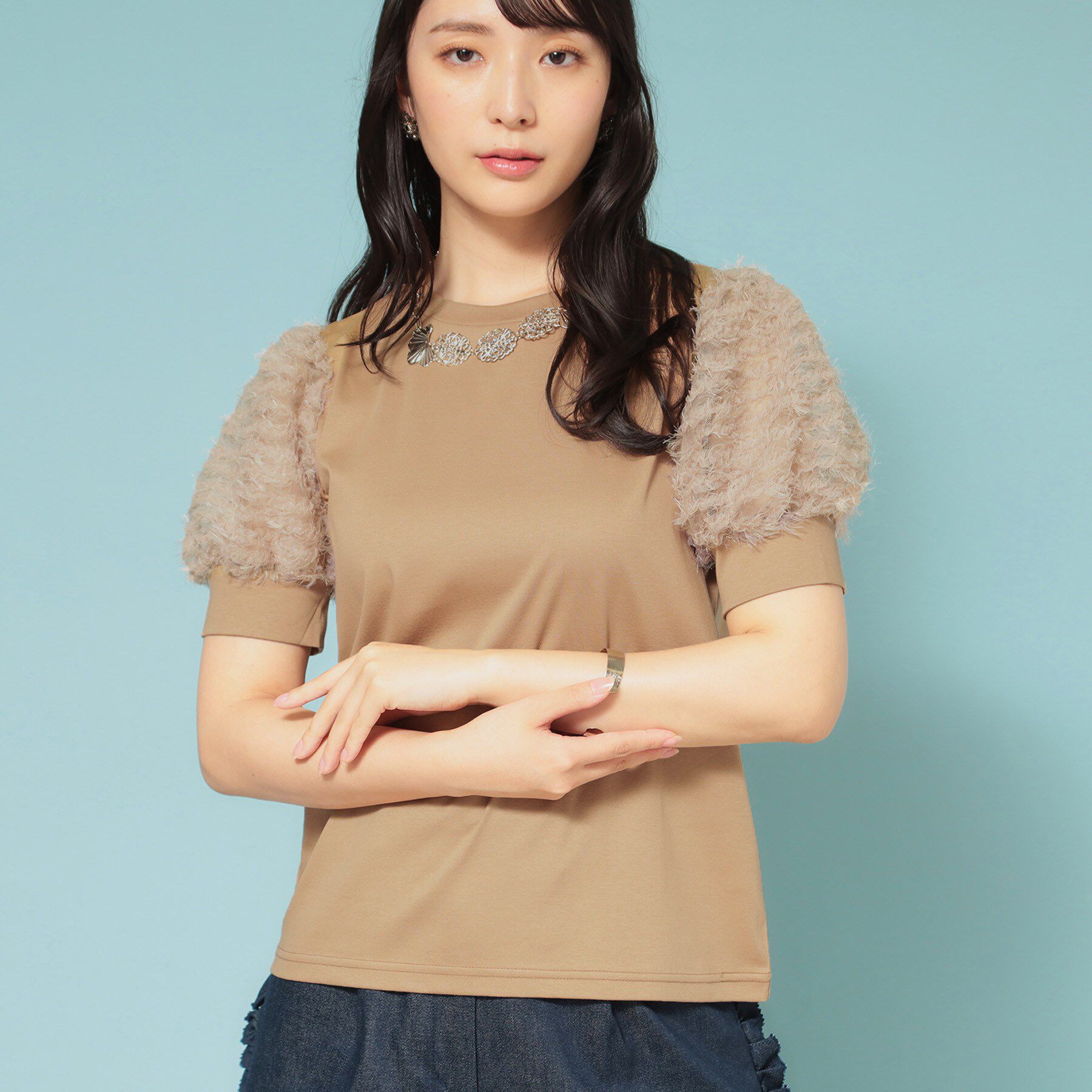 SunaUna「【秋まで着られる／袖チュール】パフスリーブカットソー」|Tシャツ・カットソー|ベージュ(053)