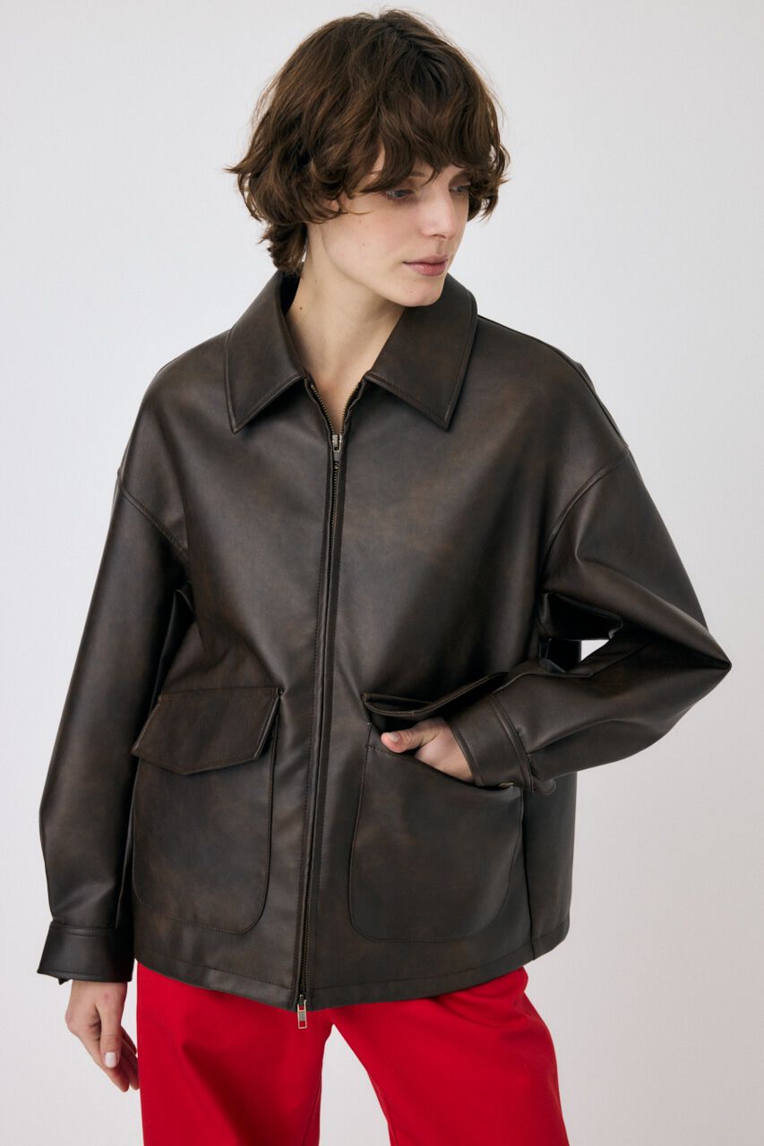 MOUSSY「FAUX LEATHER OVER ジャケット」|ブルゾン・スタジャン|BRN
