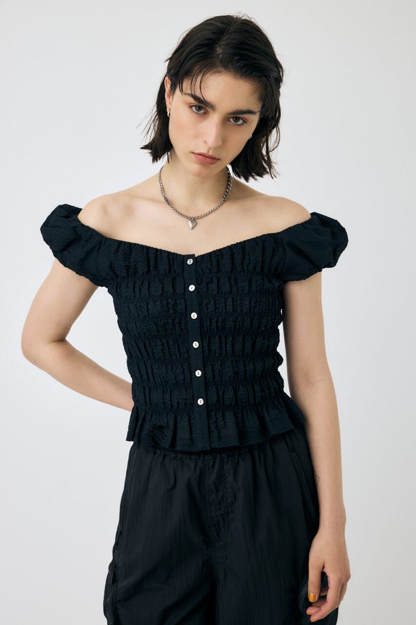 MOUSSY「OPEN NECK GATHER ブラウス」|シャツ・ブラウス|BLK
