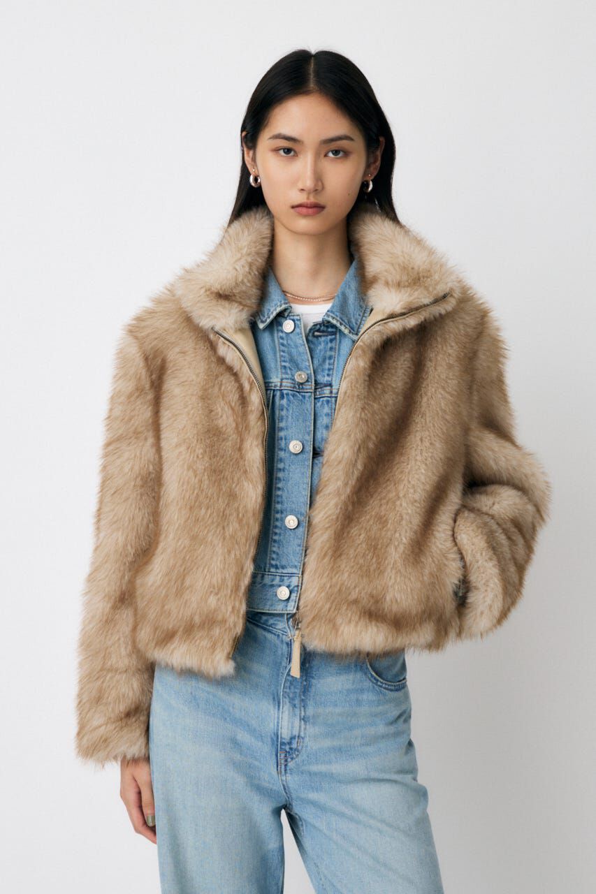 MOUSSY「F/FUR STAND COLLAR ジャケット」|ブルゾン・スタジャン|L/BEG1