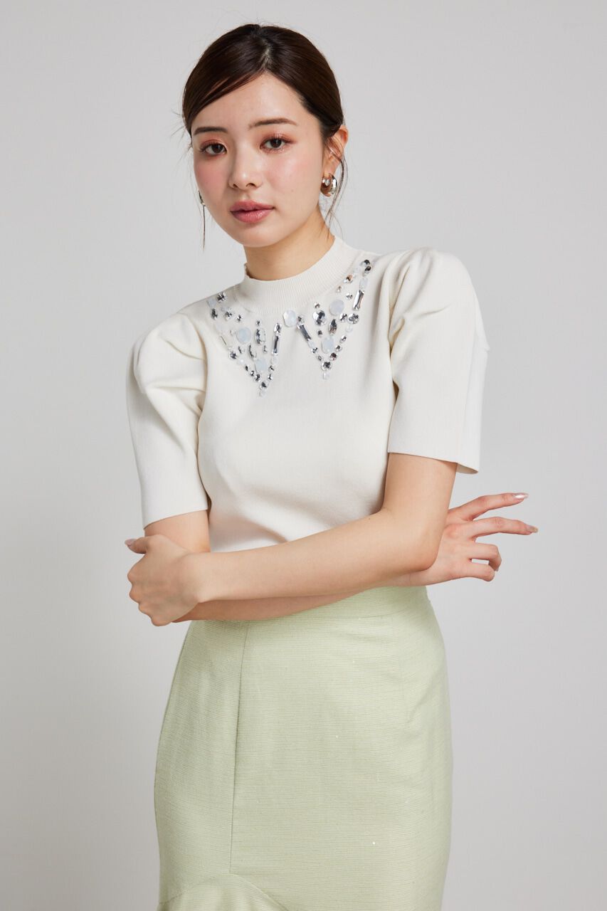 rienda「ビジューカラーハーフSLV Knit TOP」|ニット・セーター|