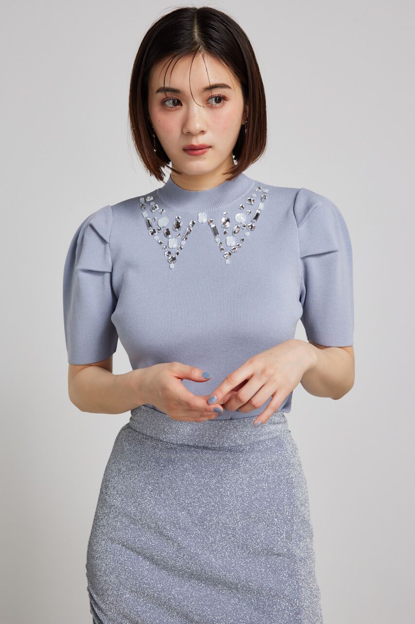 rienda「ビジューカラーハーフSLV Knit TOP」|ニット・セーター|