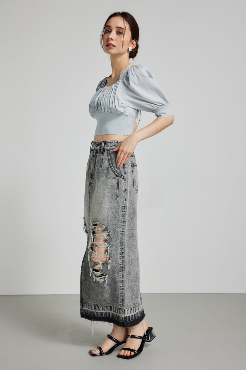 rienda「バストギャザークロップハーフSLV Knit TOP」|ニット・セーター|