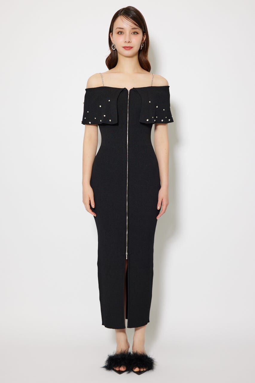 rienda「2WAYオフショルビジューカラーハーフスリーブニットワンピース」|ワンピース|